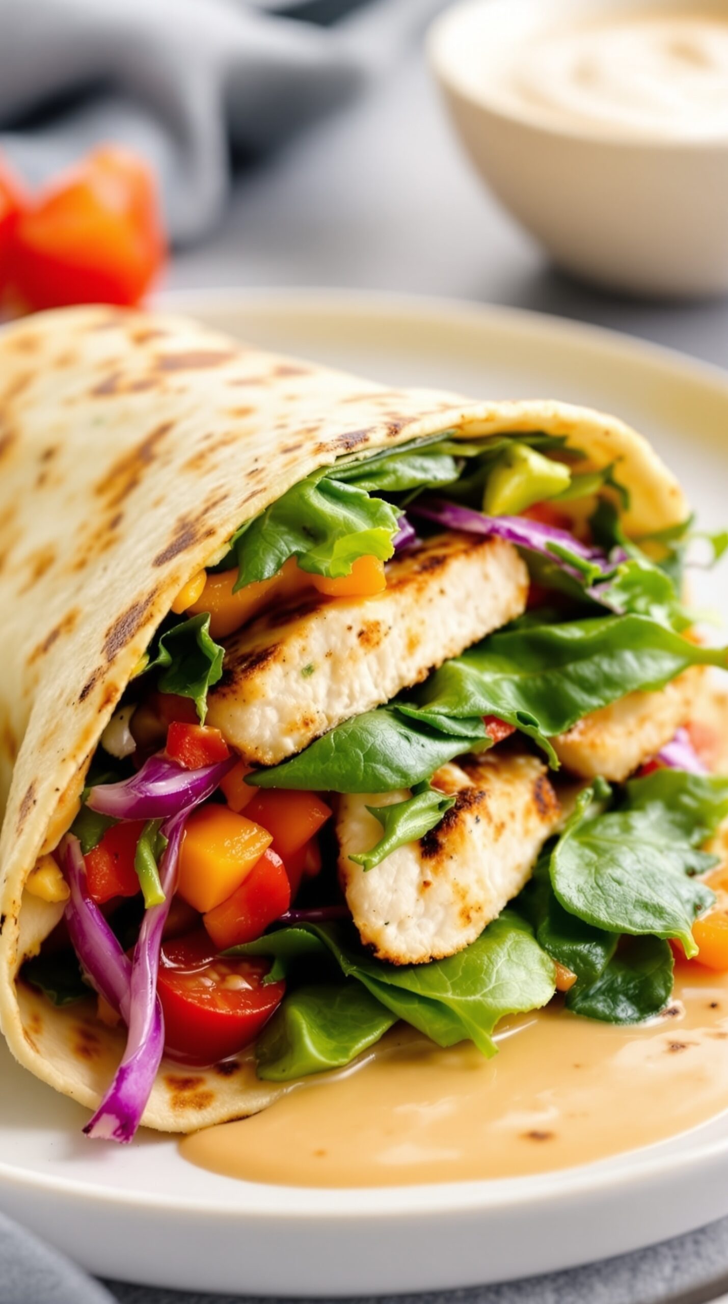 A grilled chicken wrap filled with spinach, tomatoes, and colorful veggies, served on a plate.