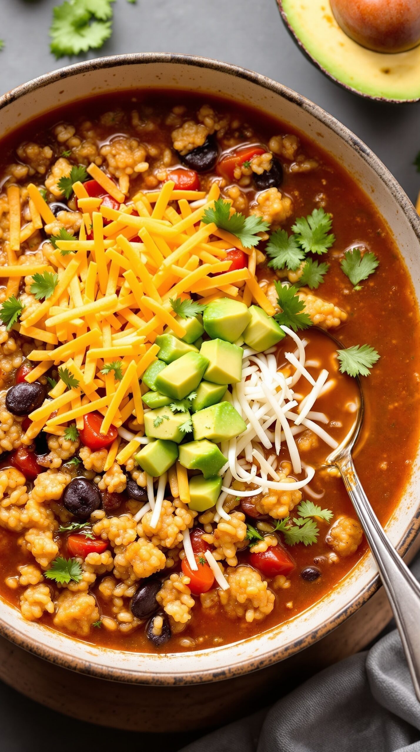 A bowl of low-carb taco soup topped with cheese, avocado, and cilantro.