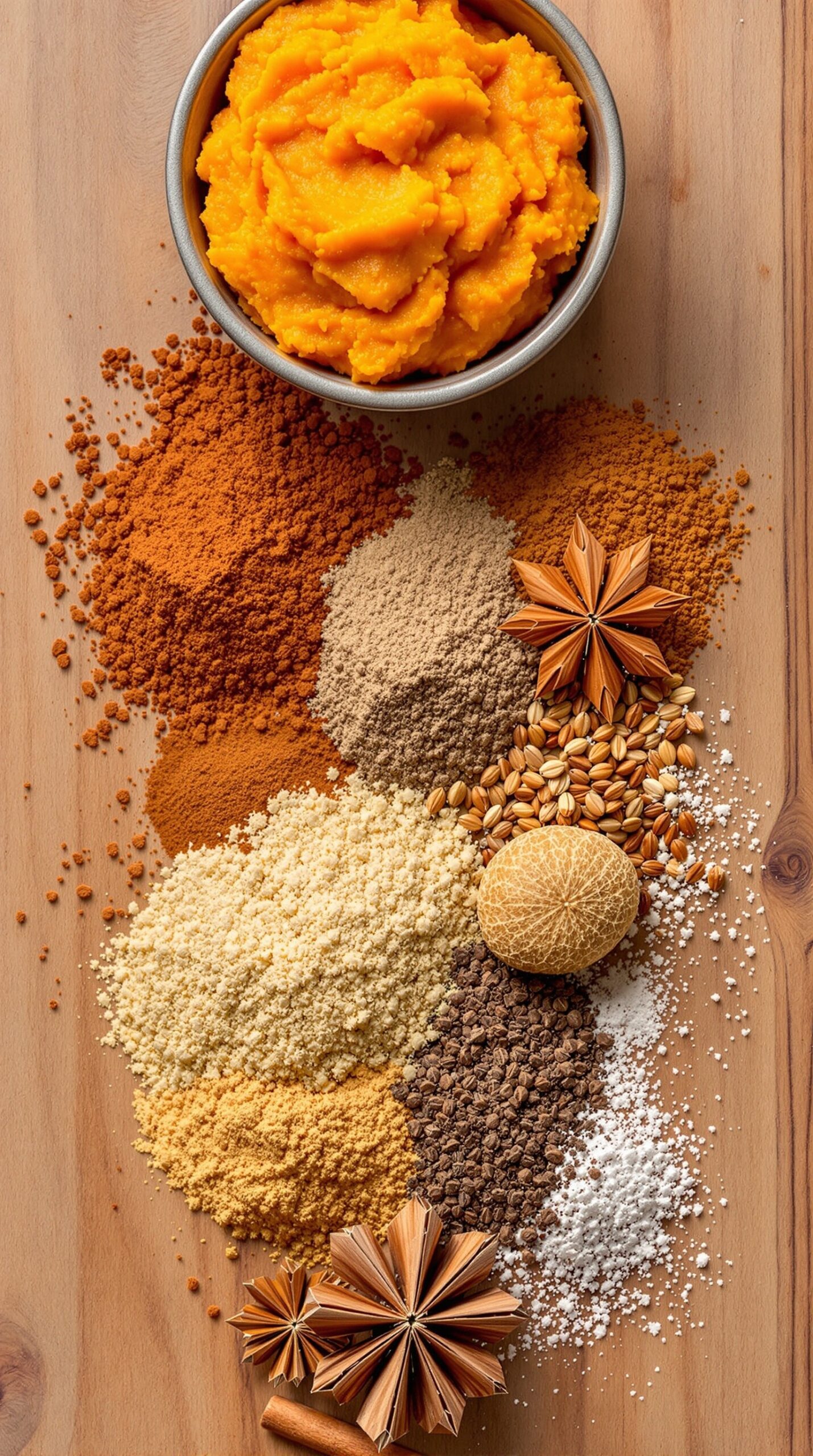A bowl of pumpkin puree surrounded by various spices on a wooden surface.