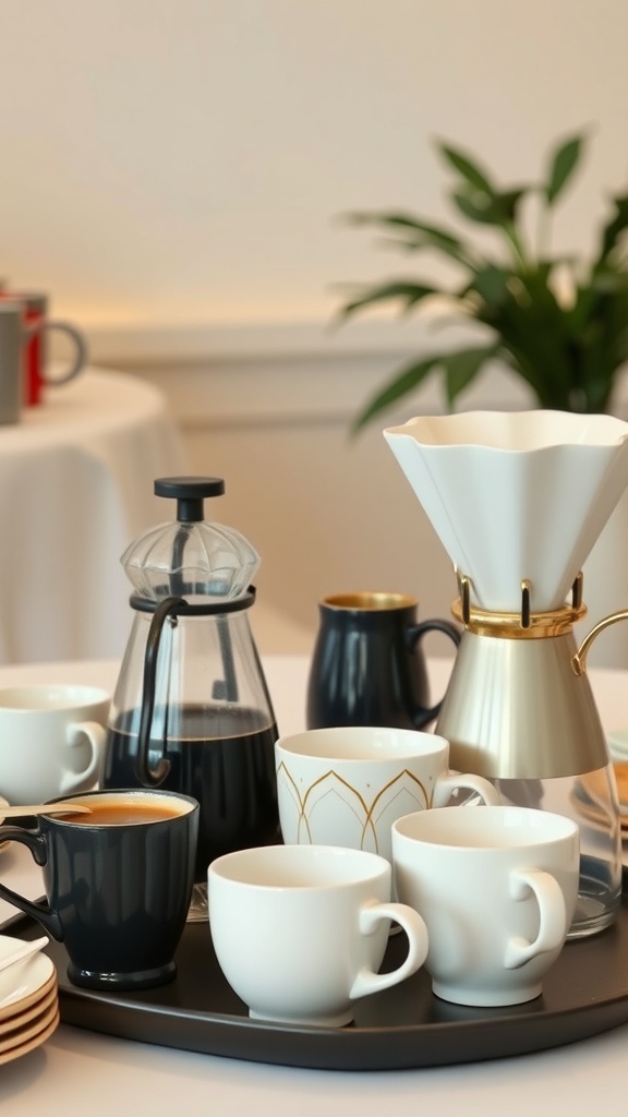 A stylish coffee station featuring a French press, pour-over coffee maker, and elegant cups on a tray.