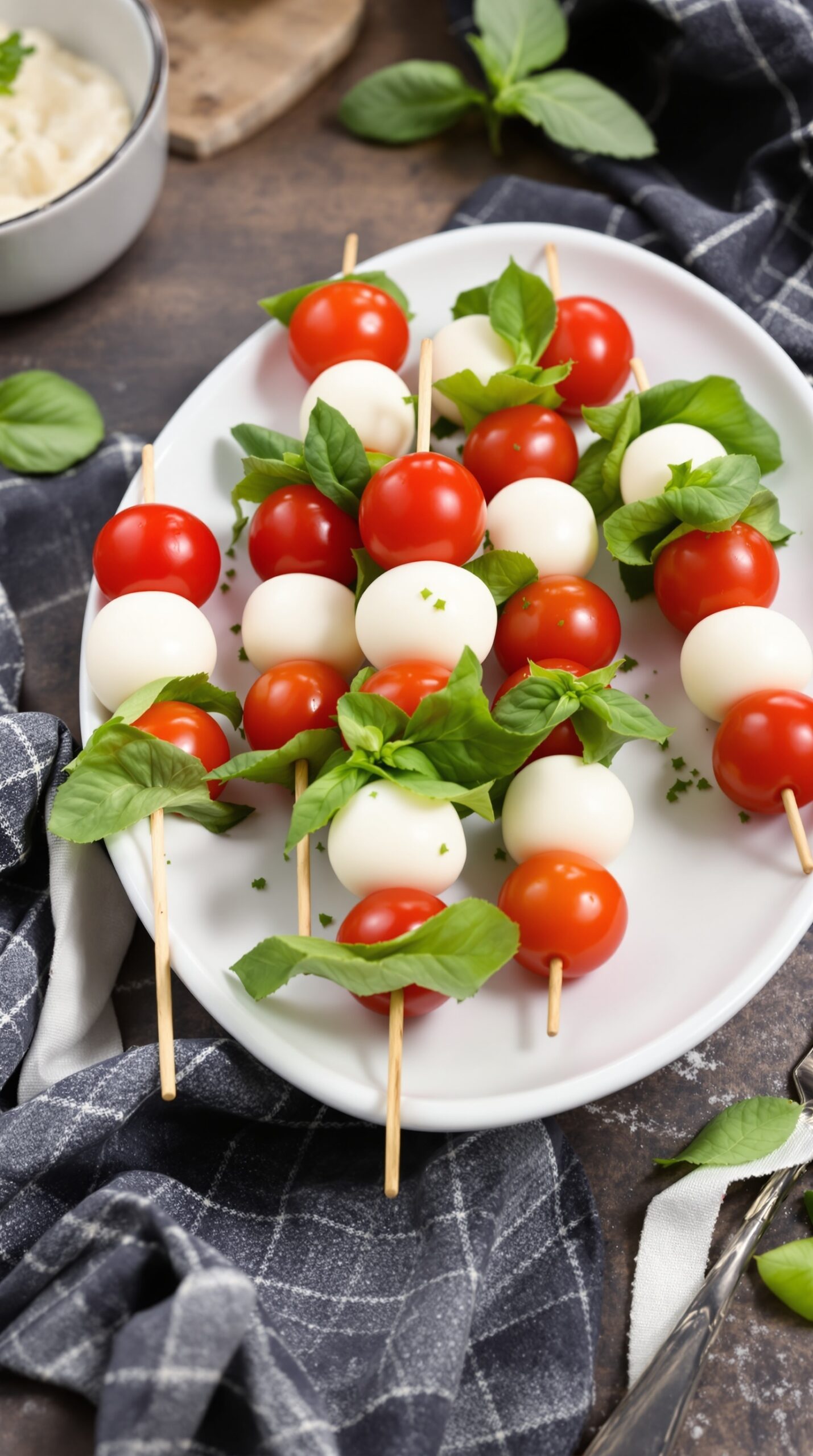 A plate of Mini Caprese Salad Bites with cherry tomatoes, mozzarella balls, and basil leaves on skewers.
