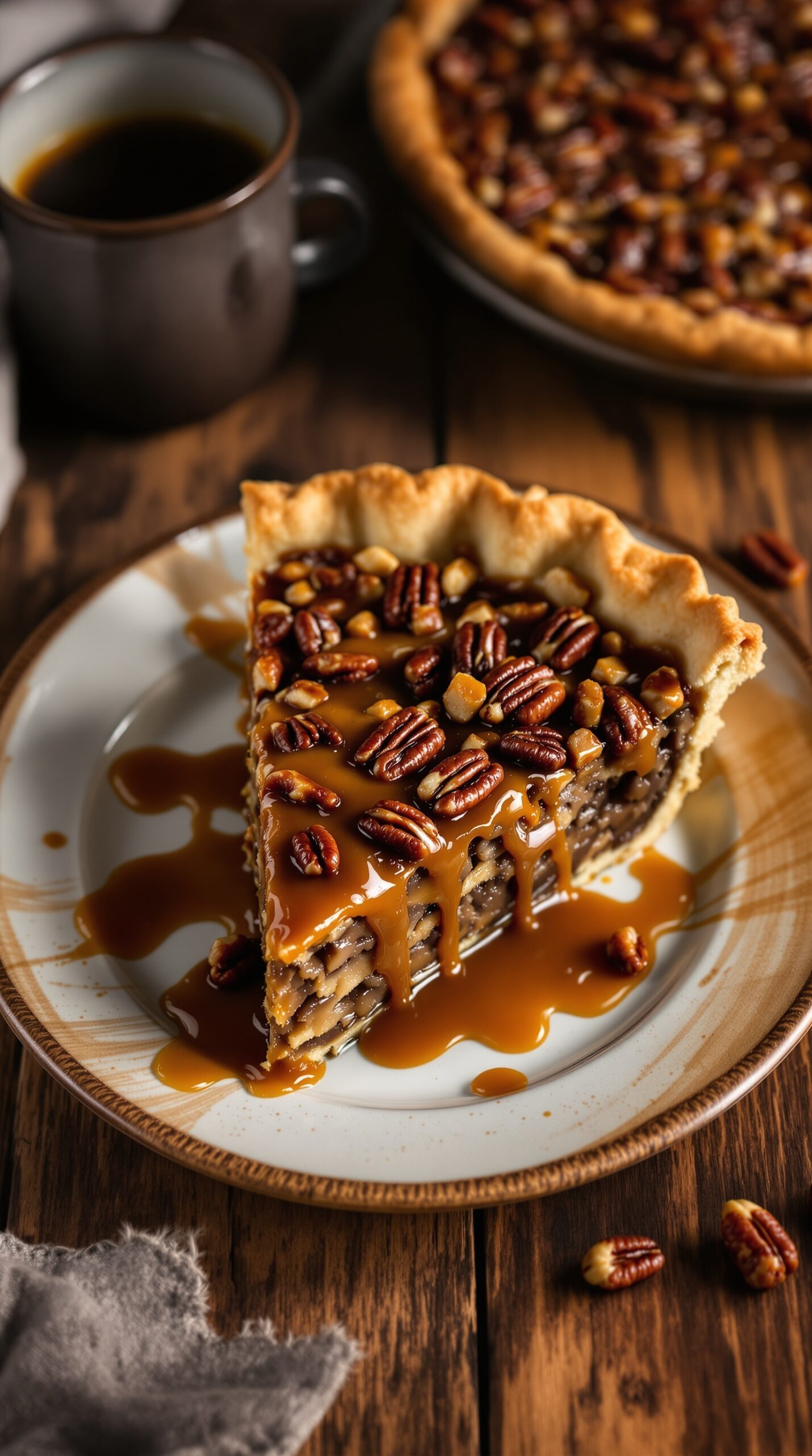 A slice of rich pecan pie drizzled with caramel on a plate, with a cup of coffee in the background.