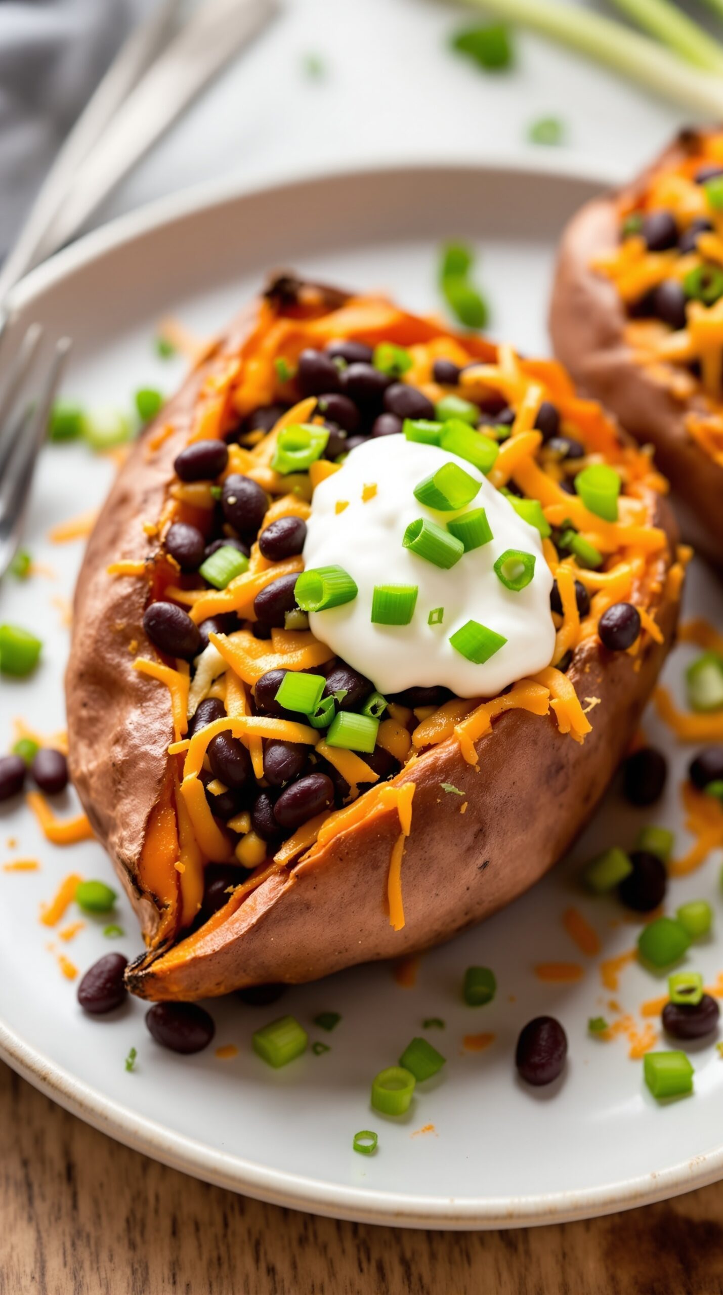 Stuffed sweet potatoes filled with black beans and cheese, topped with sour cream and green onions.