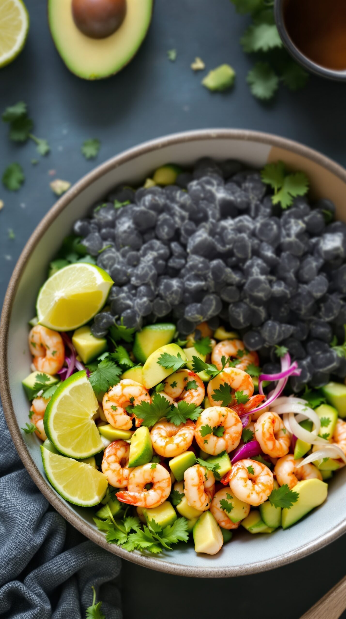 A colorful shrimp and avocado salad with lime and cilantro.