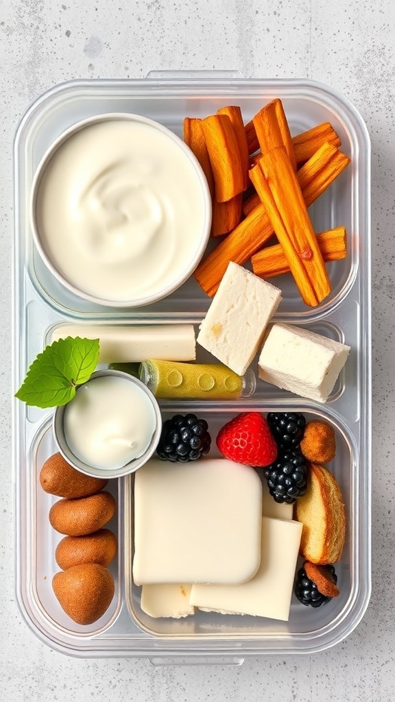 A colorful dairy-free lunch box filled with carrot sticks, a creamy dip, fruits, dairy-free cheese, and cookies.