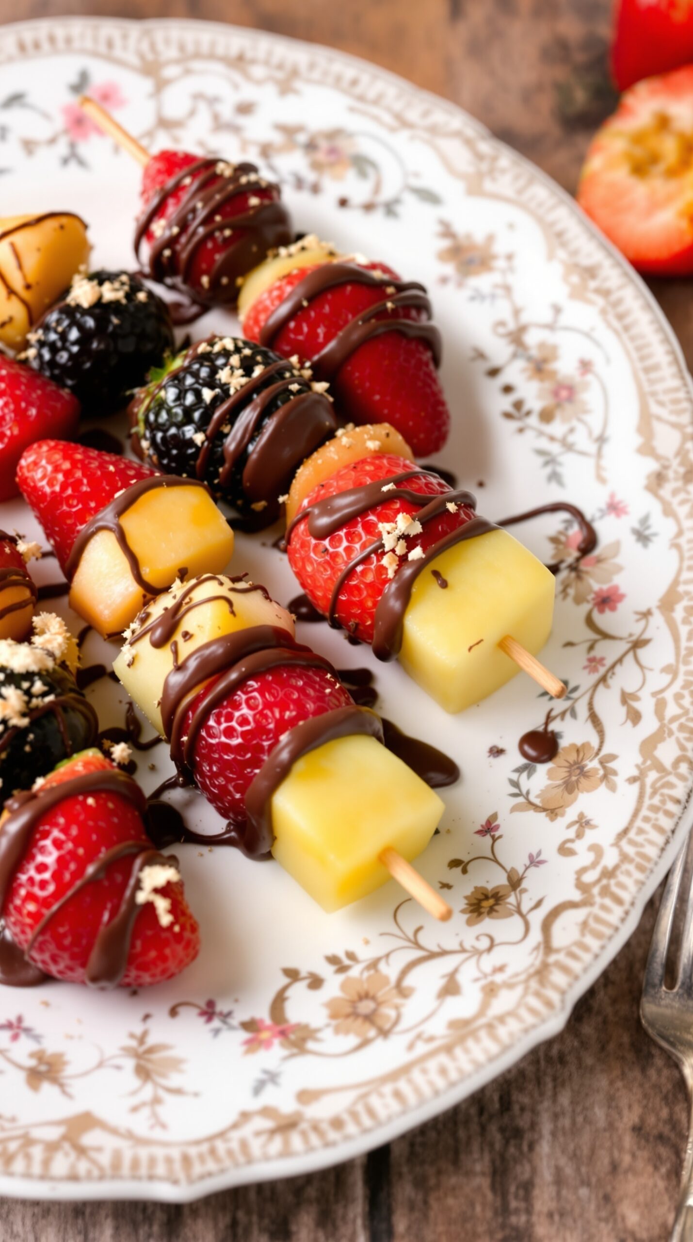 A plate of chocolate-dipped fruit skewers with strawberries, blackberries, and melon.