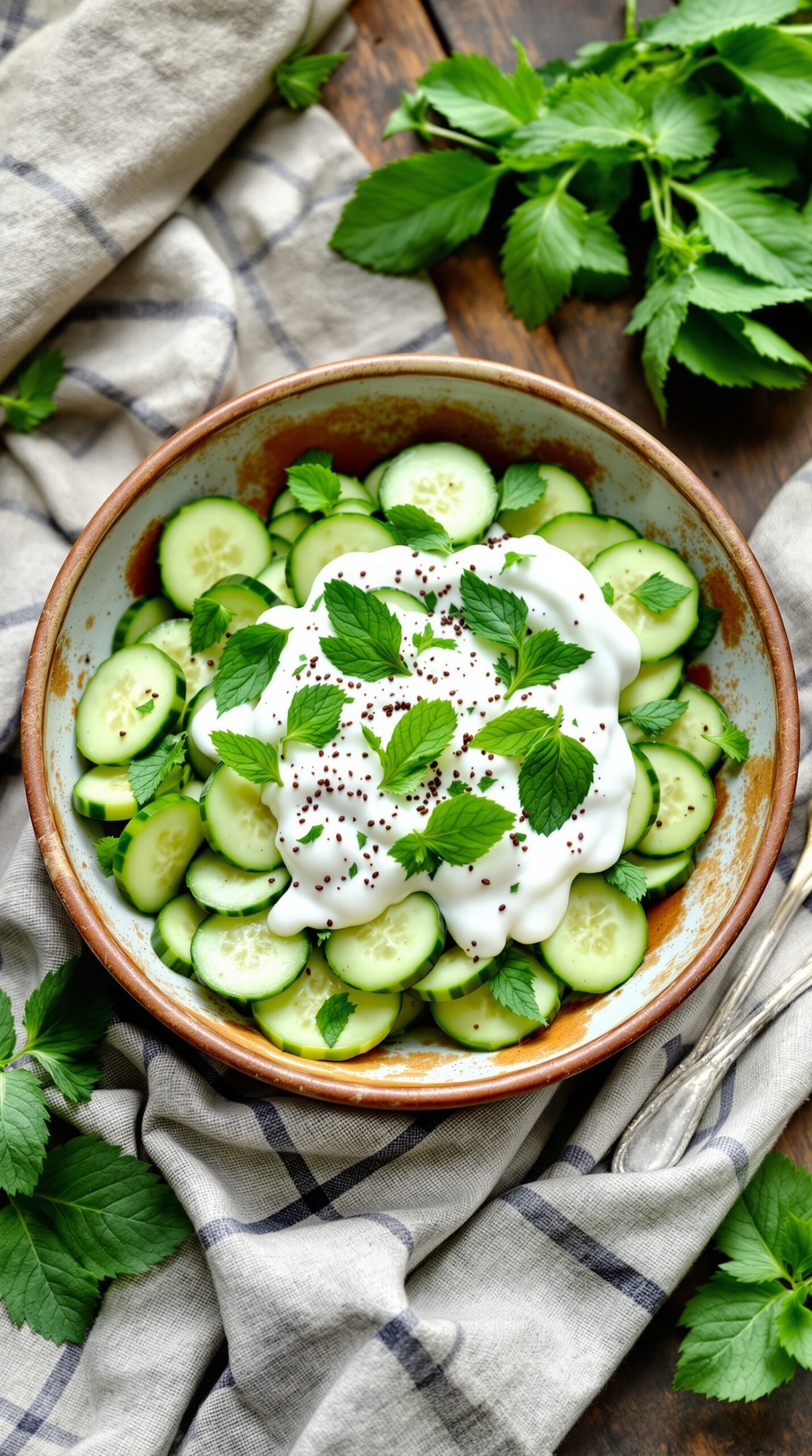 A bowl of cucumber salad topped with yogurt and mint leaves, surrounded by fresh mint.