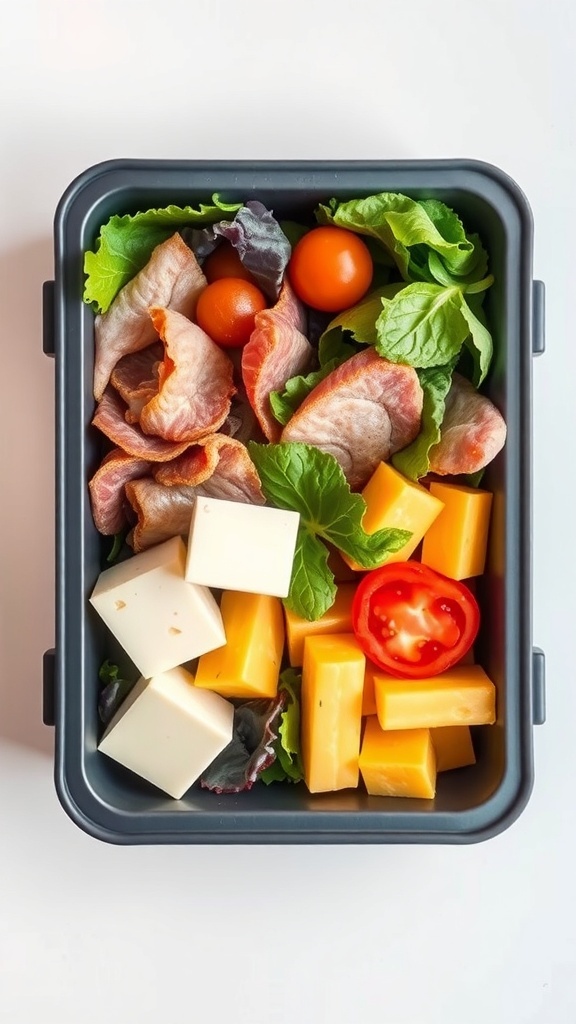 A colorful lunch box filled with bacon, cheese, cherry tomatoes, and leafy greens.