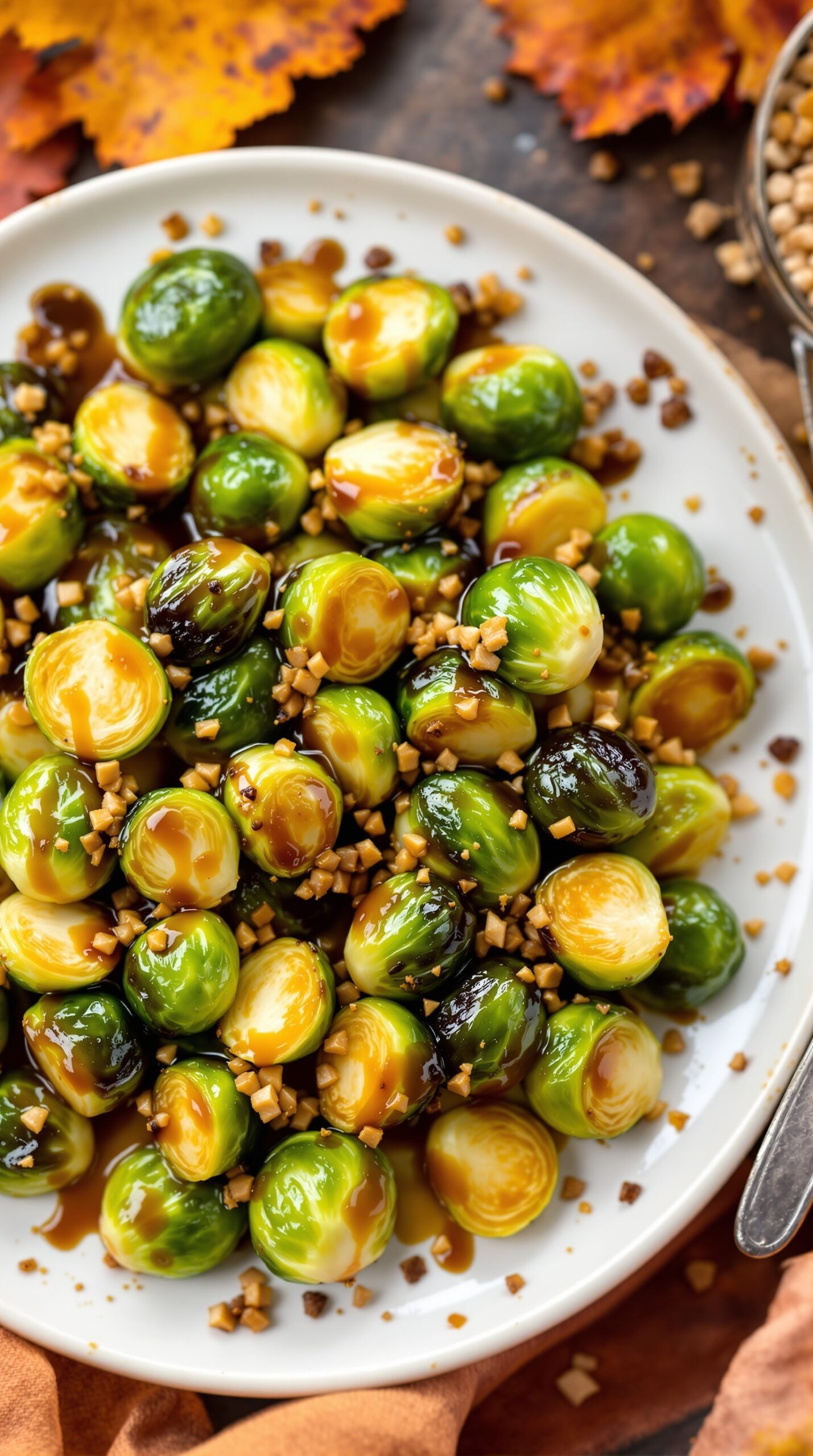 A plate of maple glazed Brussels sprouts topped with chopped nuts, surrounded by autumn leaves.