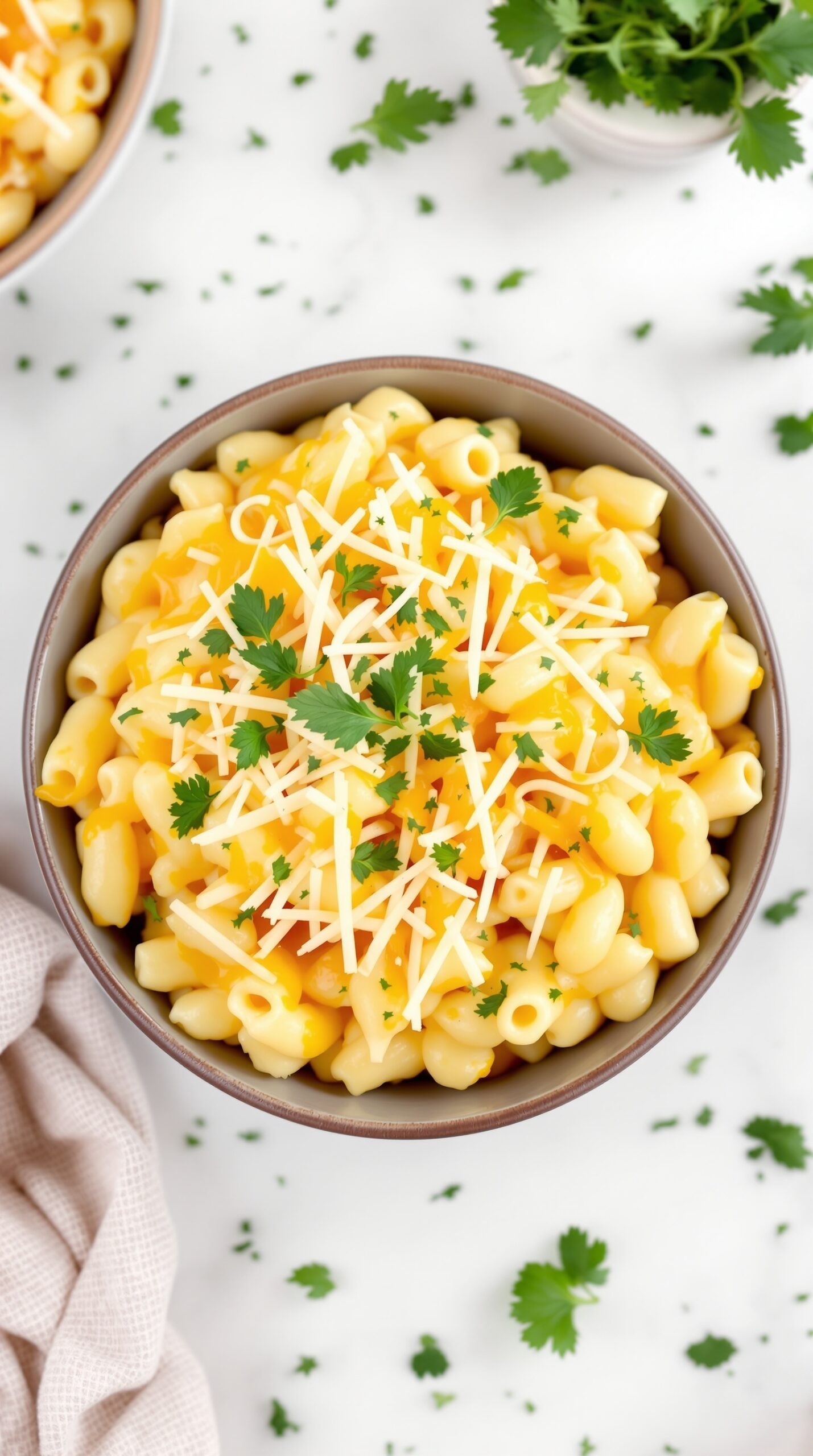 A bowl of creamy mac and cheese topped with fresh herbs.