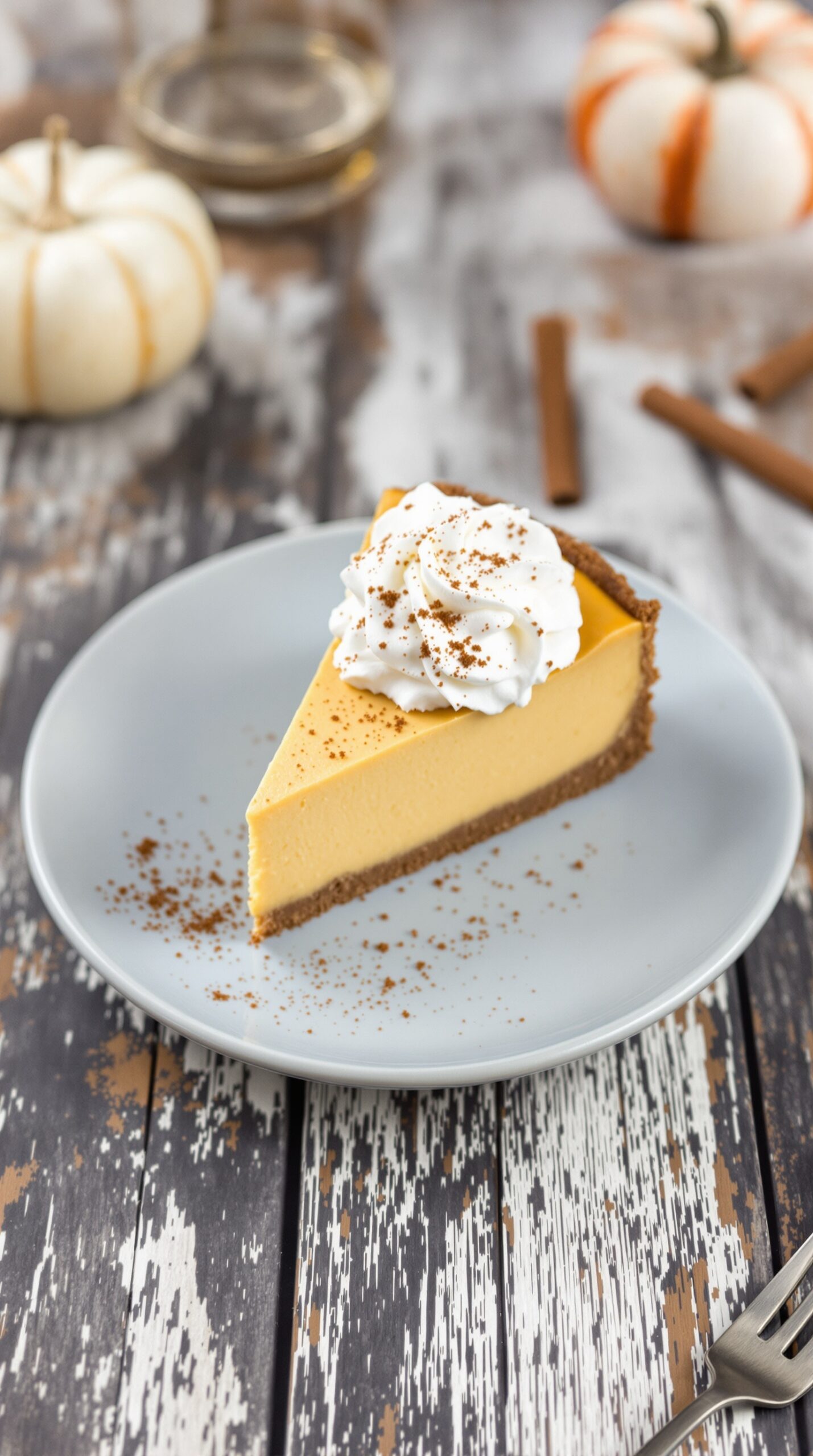 A slice of pumpkin spice cheesecake topped with whipped cream and cinnamon, served on a plate with decorative pumpkins in the background.