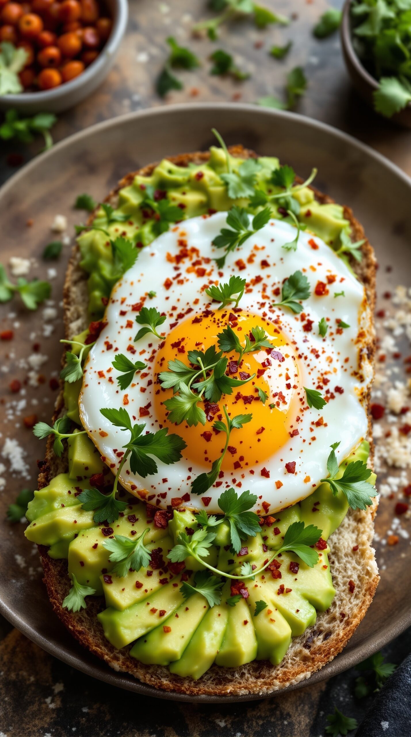 A delicious egg and avocado toast topped with herbs and chili flakes on a plate.