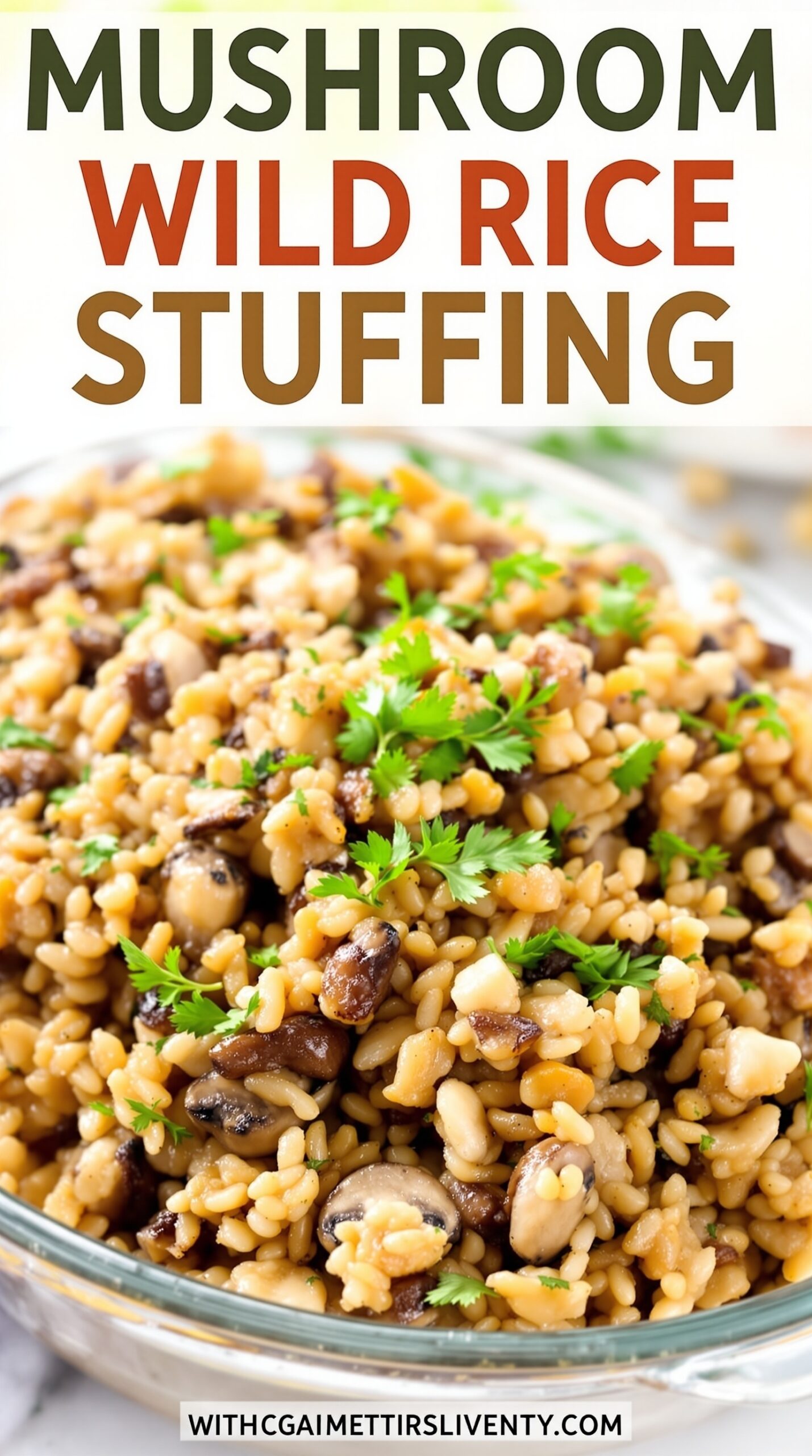 A bowl of mushroom and wild rice stuffing garnished with parsley.