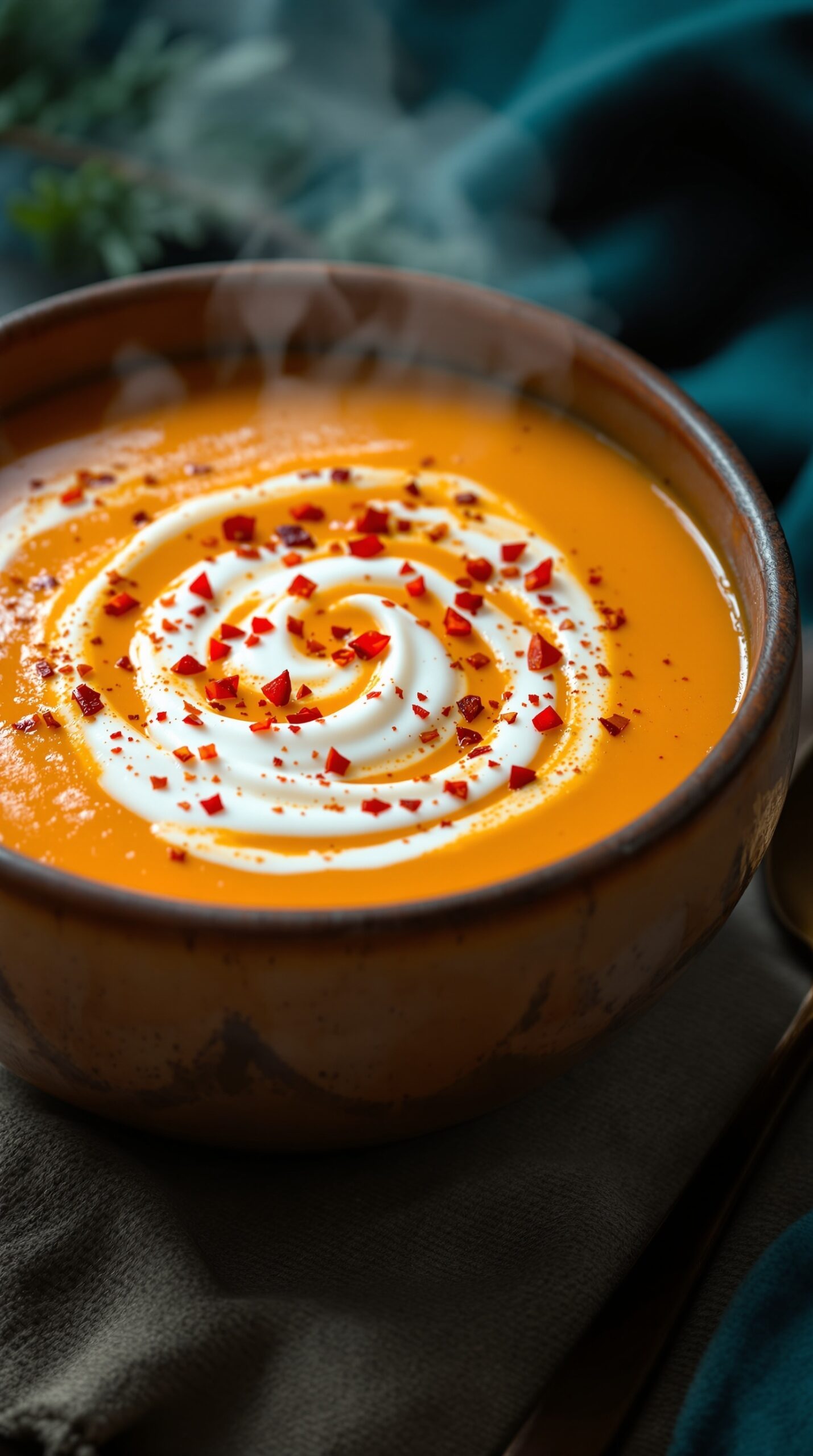 A bowl of spicy butternut squash soup topped with a swirl of cream and red pepper flakes.