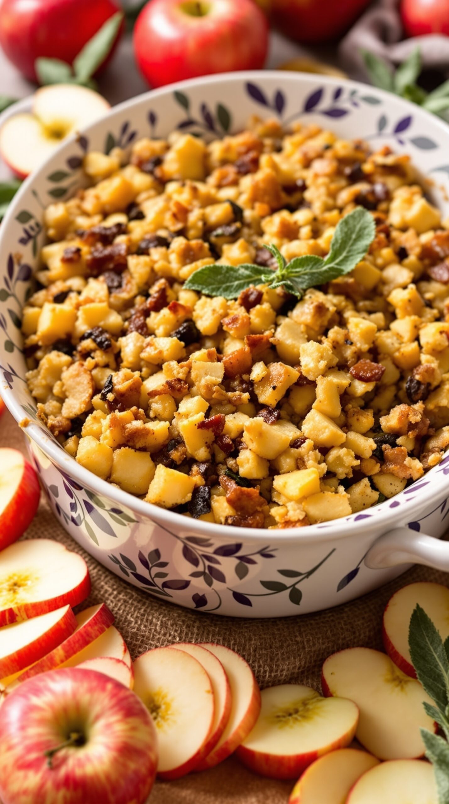 A bowl of apple and sage stuffing surrounded by fresh apples.