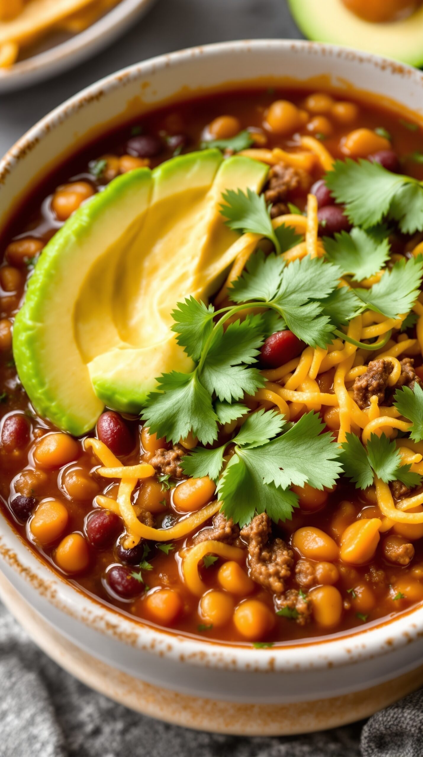 A bowl of hearty bean and beef taco soup topped with avocado slices, cheese, and cilantro.