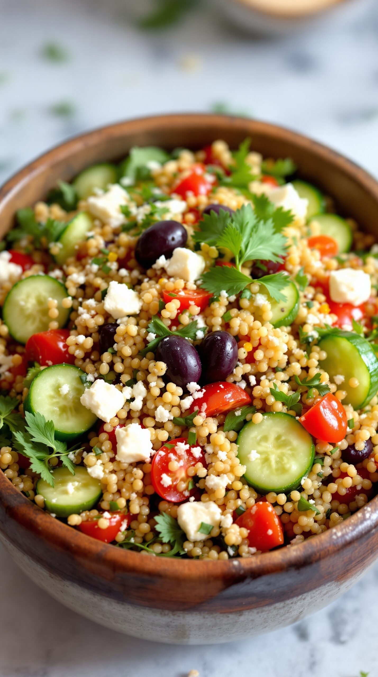 A colorful Mediterranean Quinoa Salad with cherry tomatoes, cucumbers, olives, and feta cheese.
