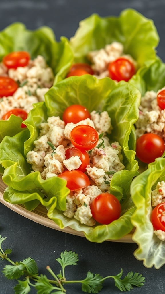 Tuna salad lettuce wraps with cherry tomatoes on a wooden plate.