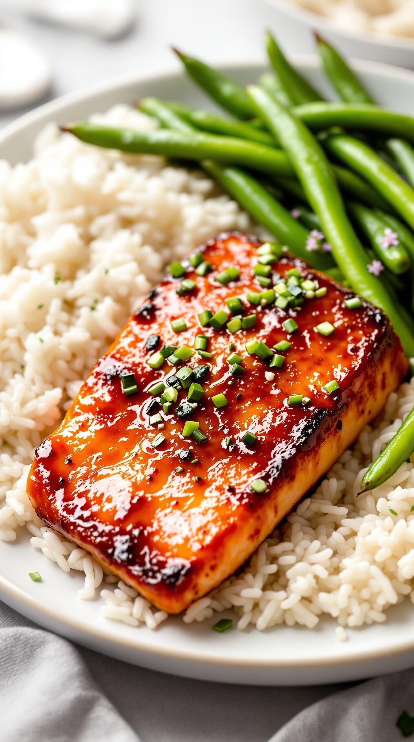 A plate of teriyaki salmon served with rice and green beans.