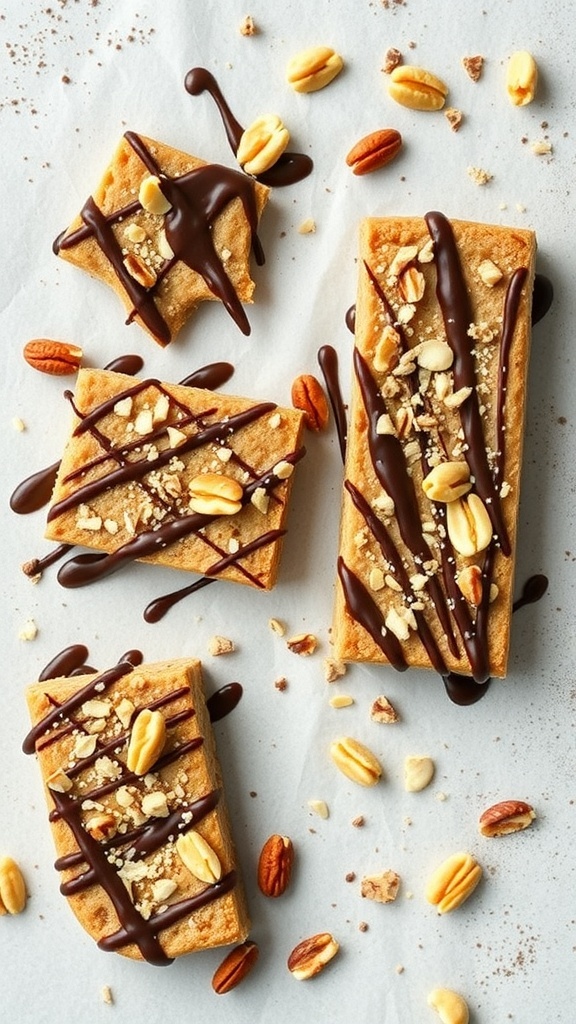 Homemade protein bars drizzled with dark chocolate and topped with nuts.