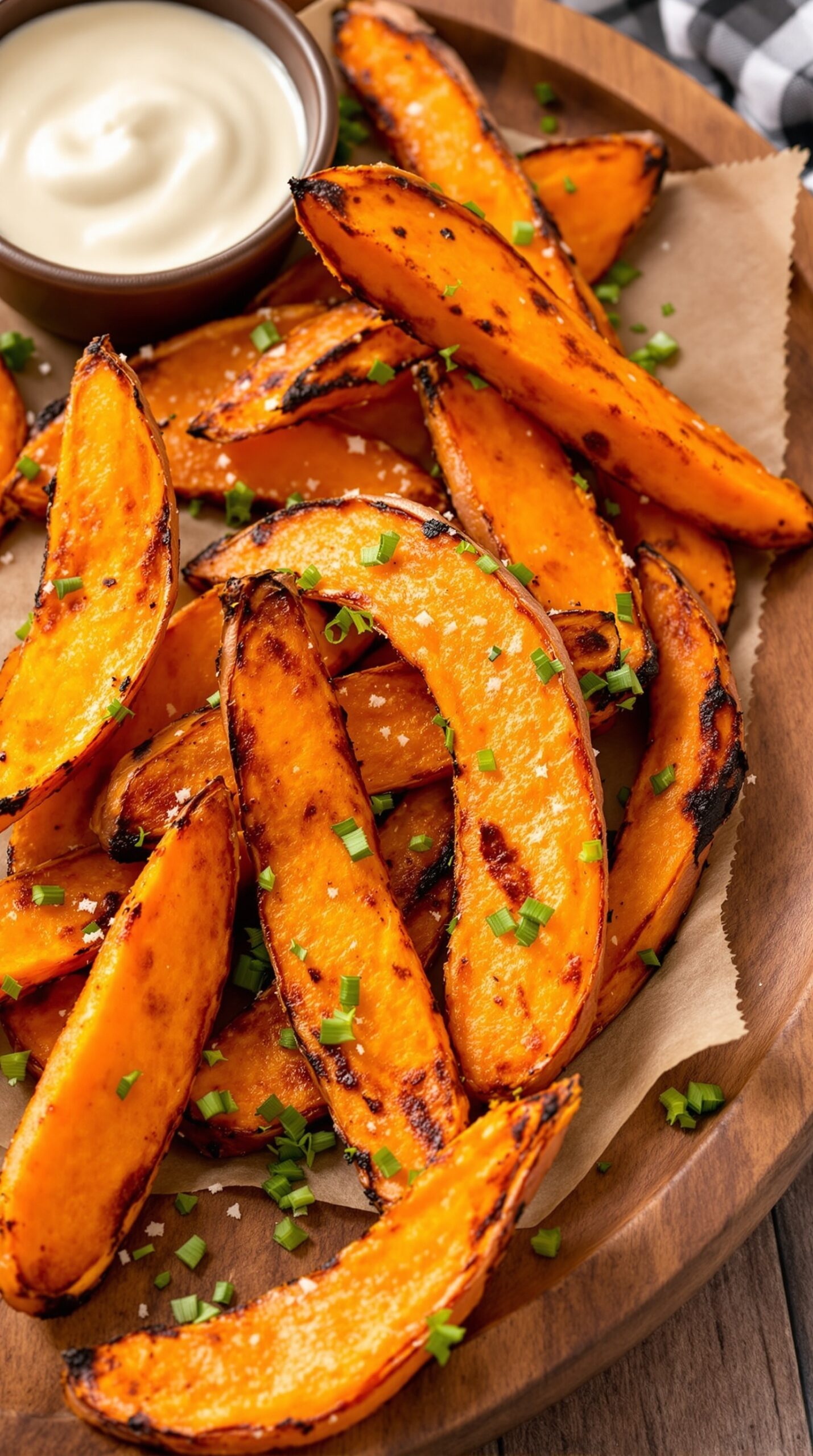 A plate of roasted sweet potato wedges with a dipping sauce