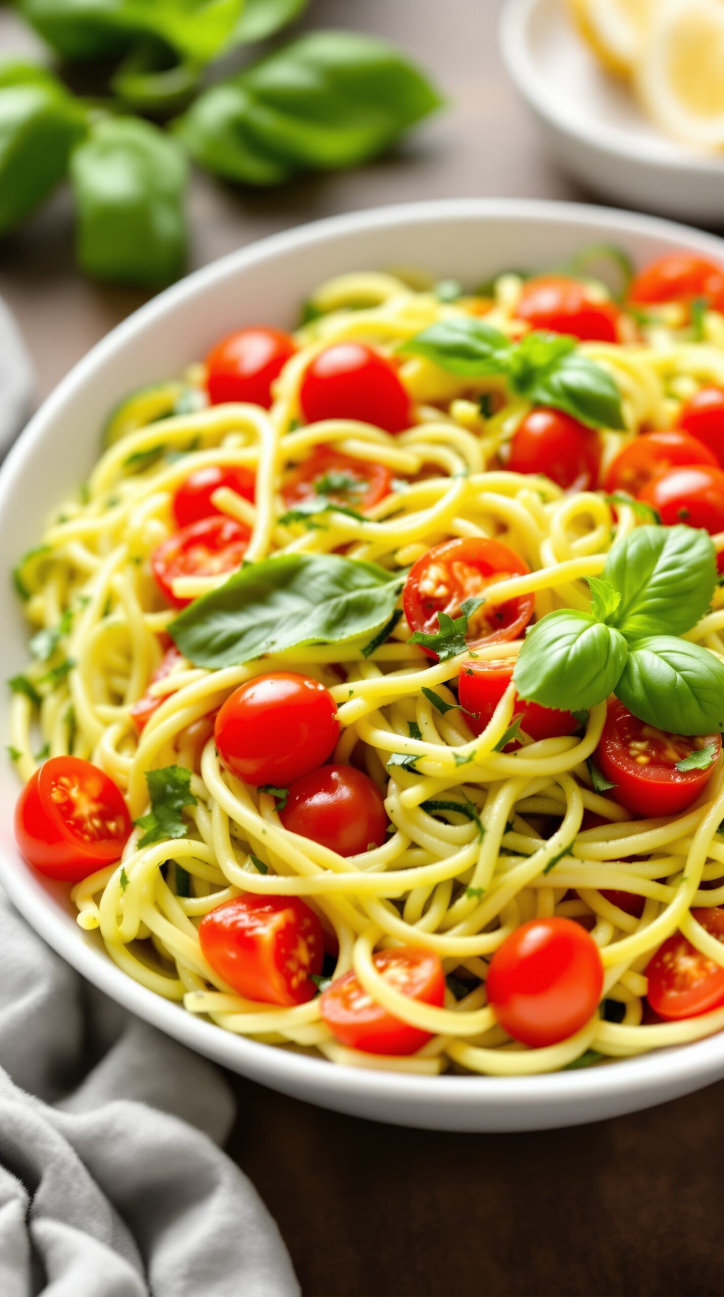 A bowl of zucchini noodles with cherry tomatoes and fresh basil
