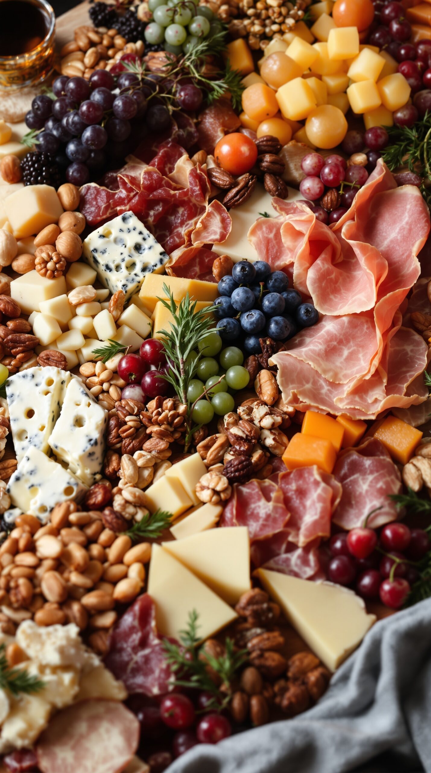 A colorful cheese and charcuterie board with various cheeses, meats, fruits, and nuts.