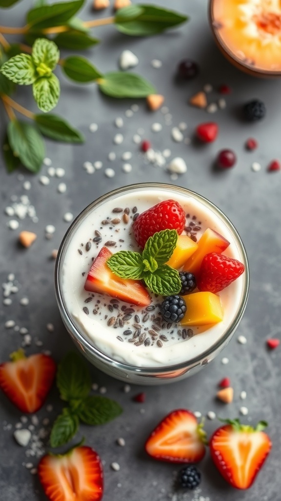 A glass of coconut chia seed pudding topped with fresh fruits and mint leaves