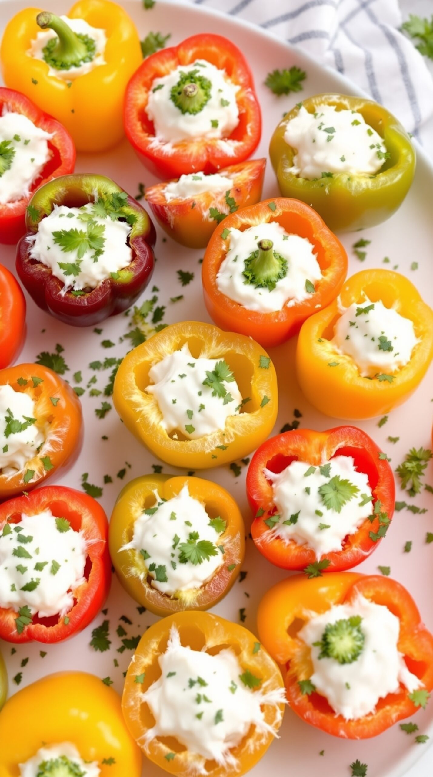 A platter of colorful stuffed mini peppers filled with cream cheese and garnished with cilantro.