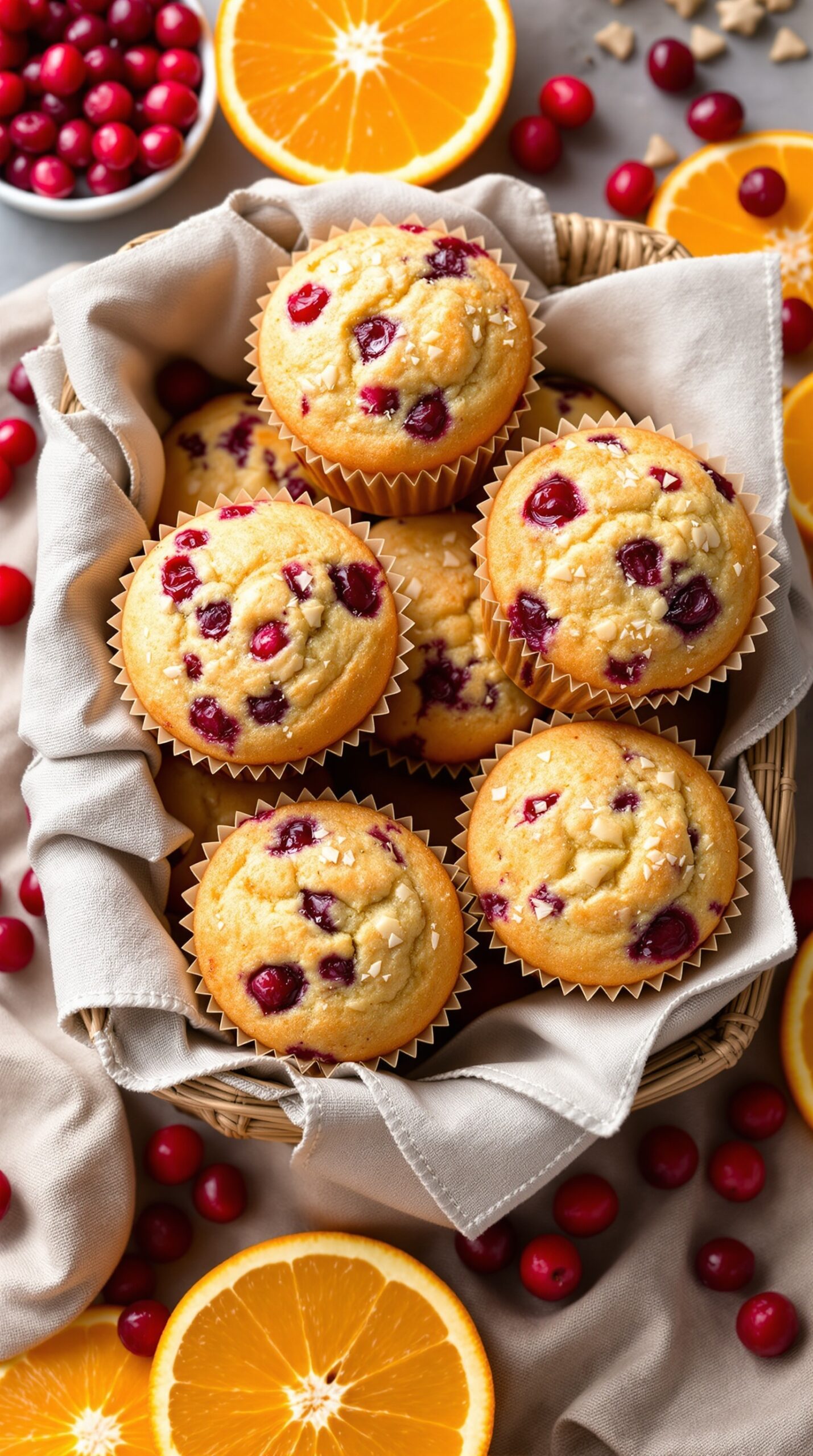 A basket of cranberry orange muffins surrounded by fresh cranberries and orange slices.
