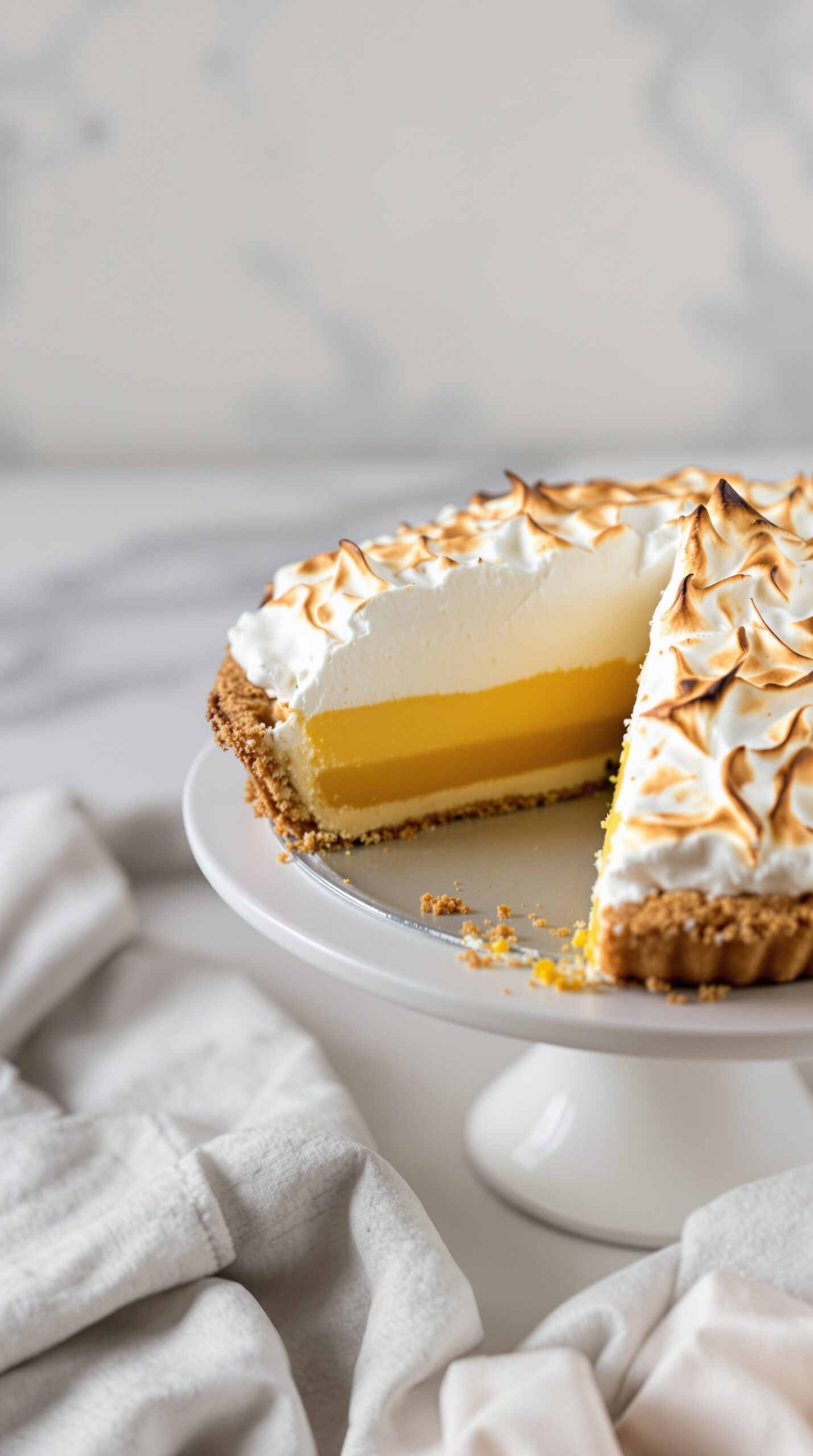 A lemon meringue pie with a toasted topping, showcasing a slice removed to reveal the bright yellow filling.
