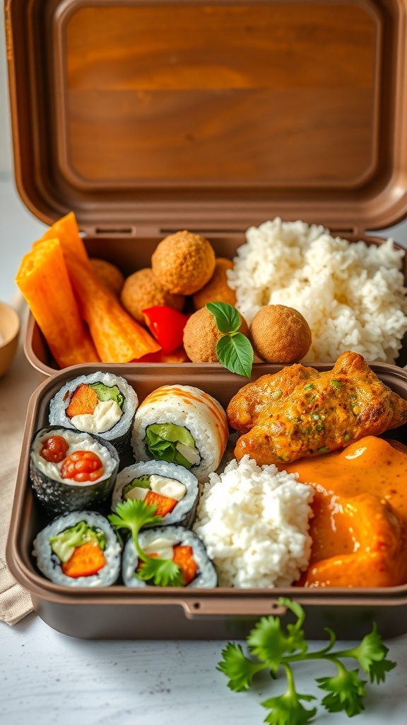 A colorful lunch box filled with sushi rolls, rice, curry, and snacks.