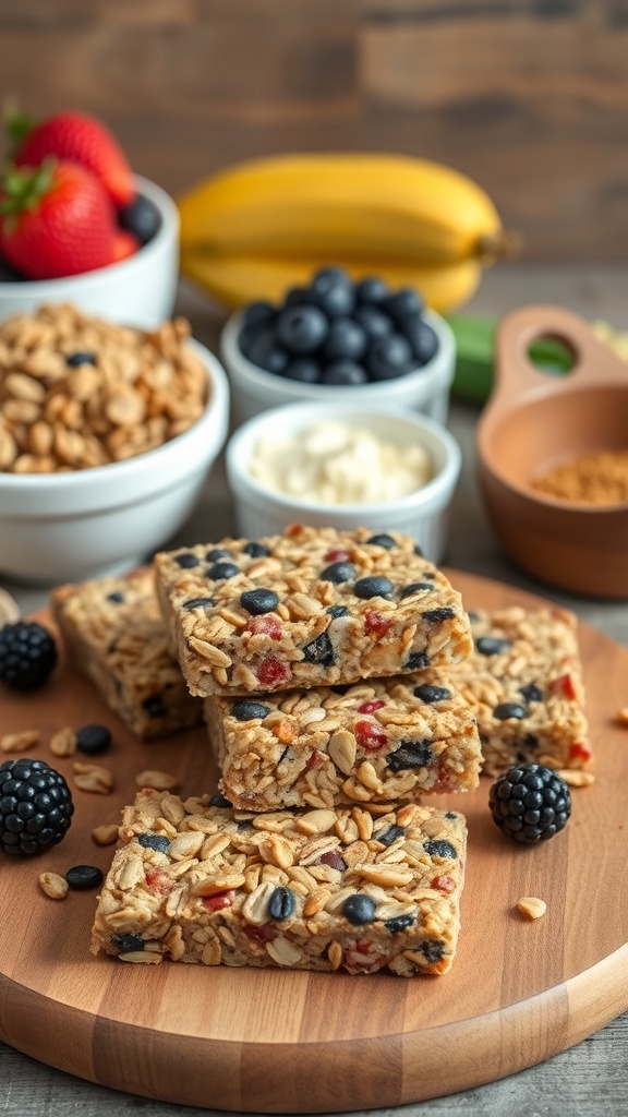 Homemade fruit and nut granola bars with fresh fruits and ingredients