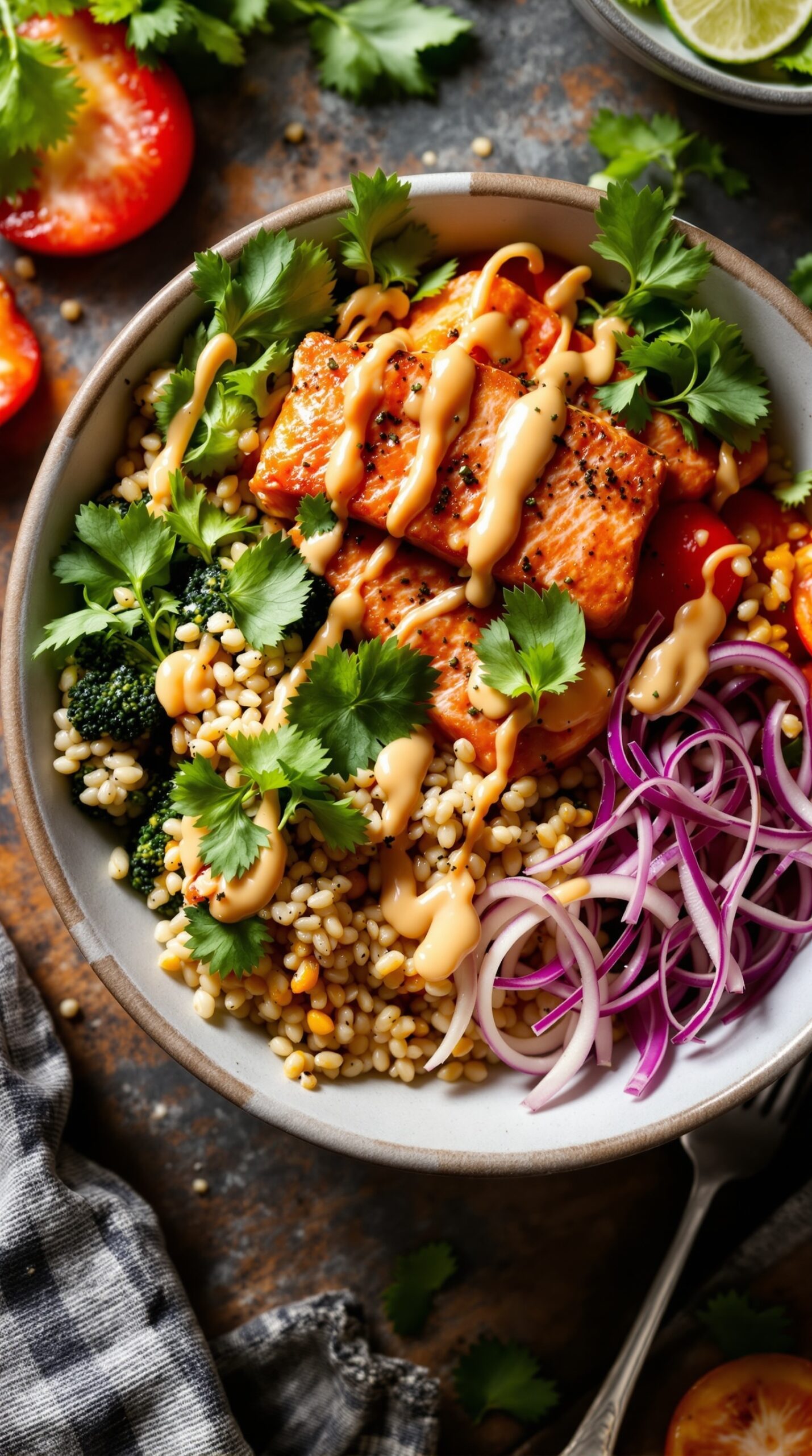 A colorful salmon quinoa bowl with broccoli, cherry tomatoes, red onion, and cilantro, drizzled with sauce.