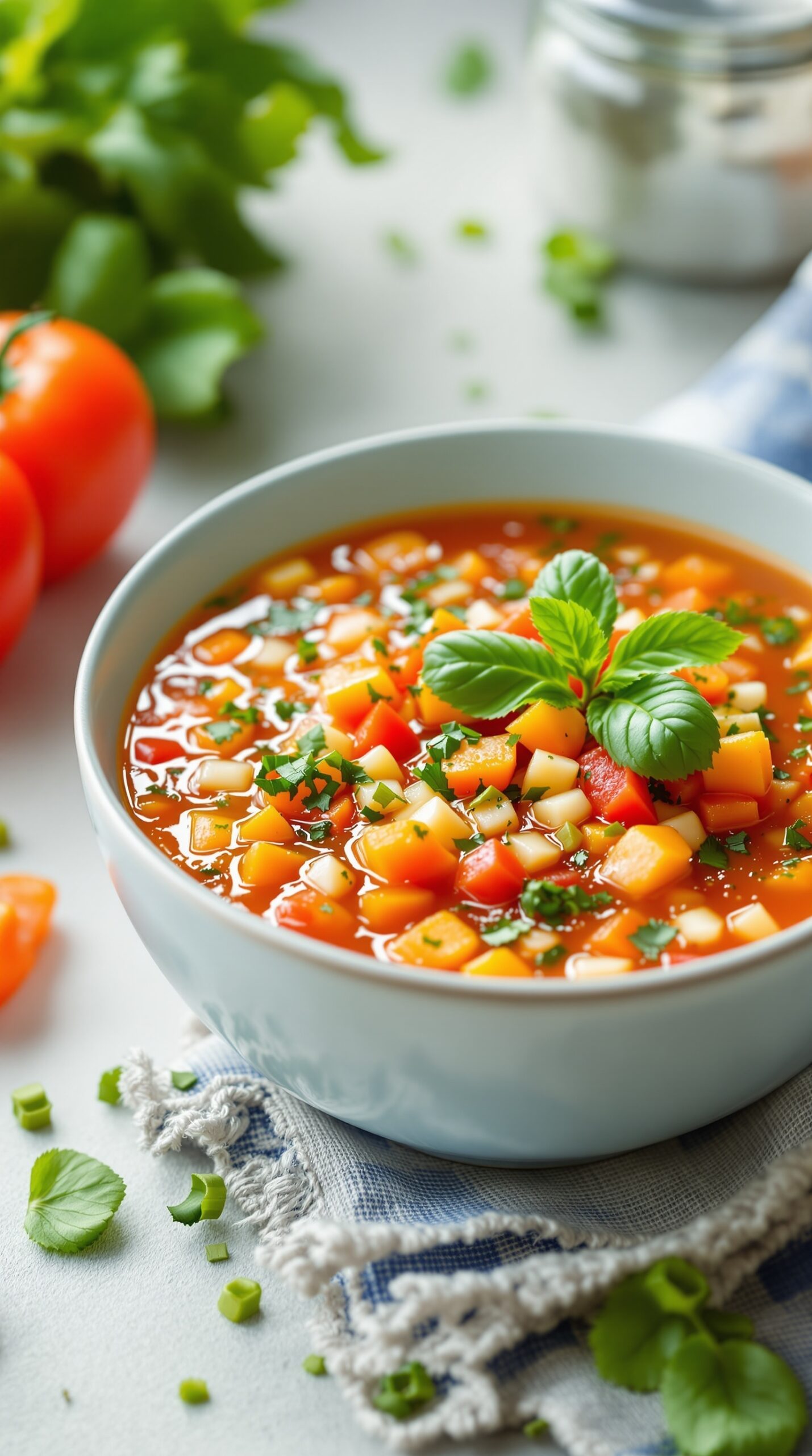 A bowl of chilled gazpacho soup with diced vegetables and fresh herbs