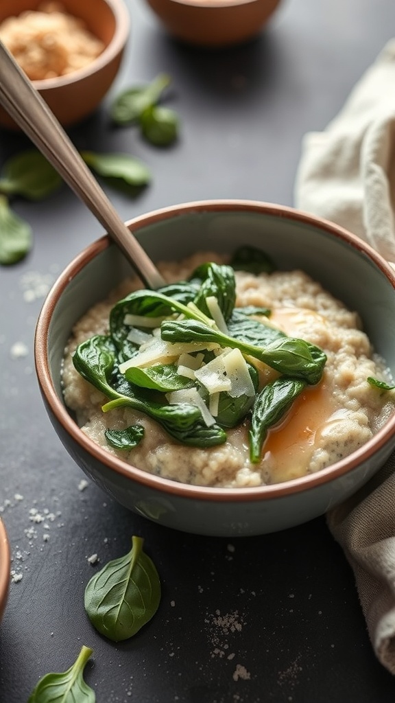 A bowl of savory oatmeal topped with spinach and cheese, with a spoon beside it.