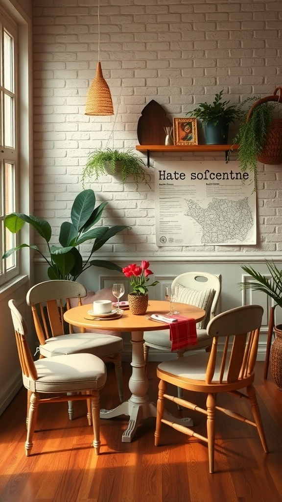 A cozy brunch seating arrangement with a round table and four chairs, surrounded by plants and natural light.