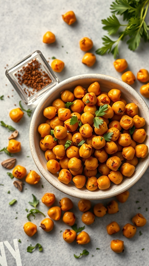 A bowl of spicy roasted chickpeas garnished with herbs, surrounded by scattered chickpeas and spices.