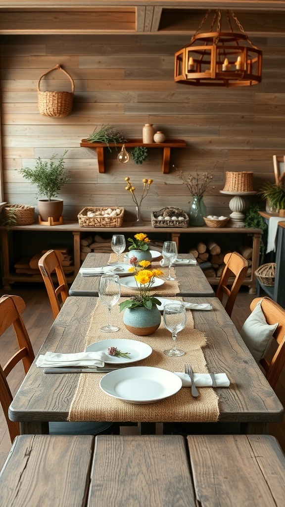 A rustic brunch setting with wooden tables, natural decor, and simple tableware.