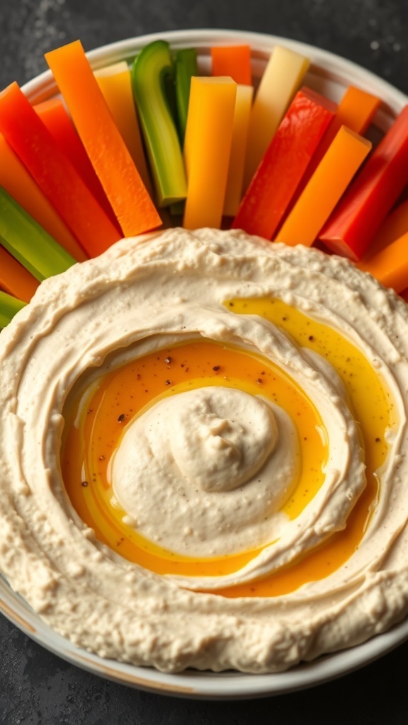 A bowl of hummus topped with olive oil and spices, surrounded by colorful veggie sticks.