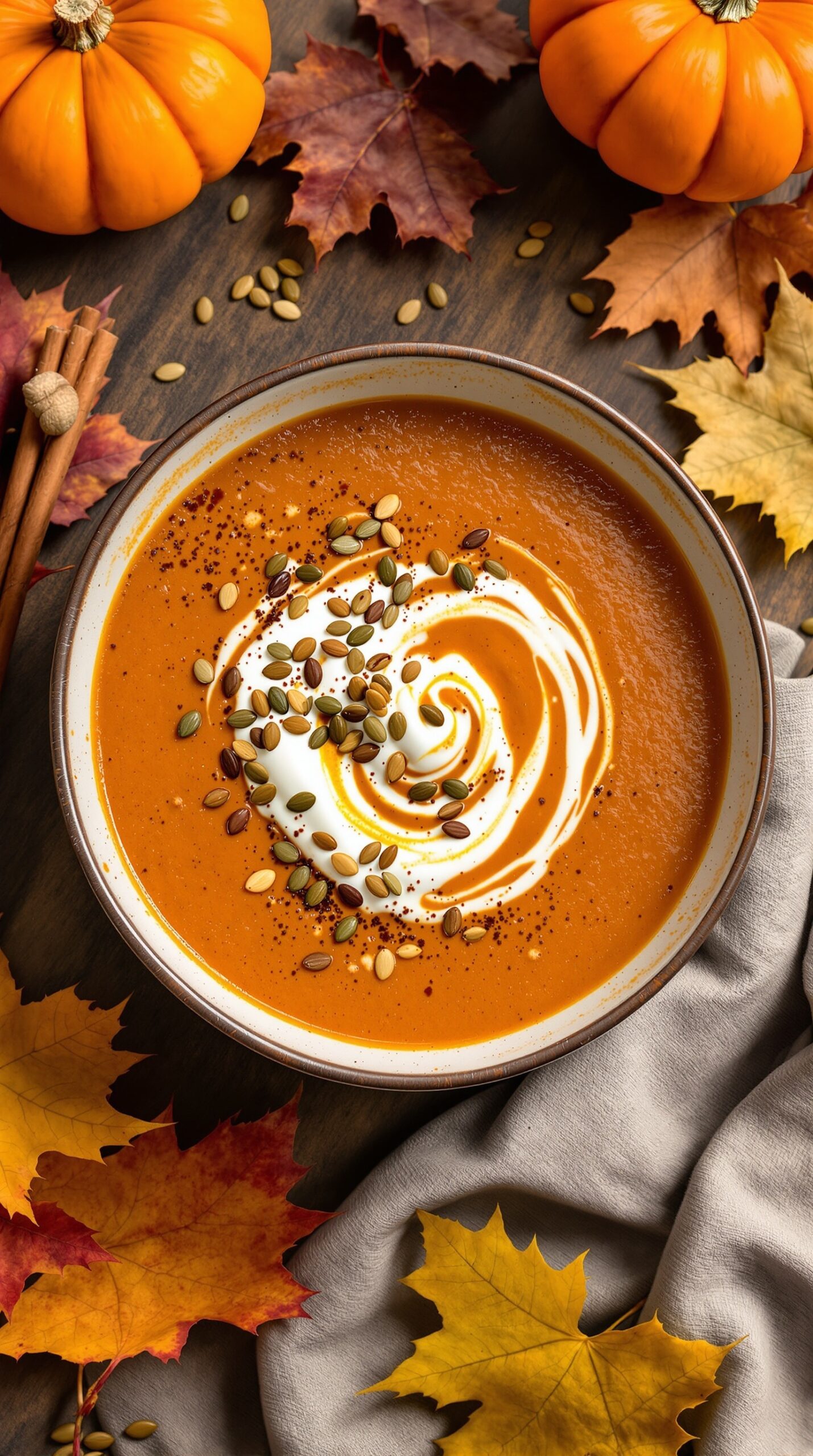 A bowl of pumpkin spice soup garnished with cream and pumpkin seeds, surrounded by autumn leaves and pumpkins.
