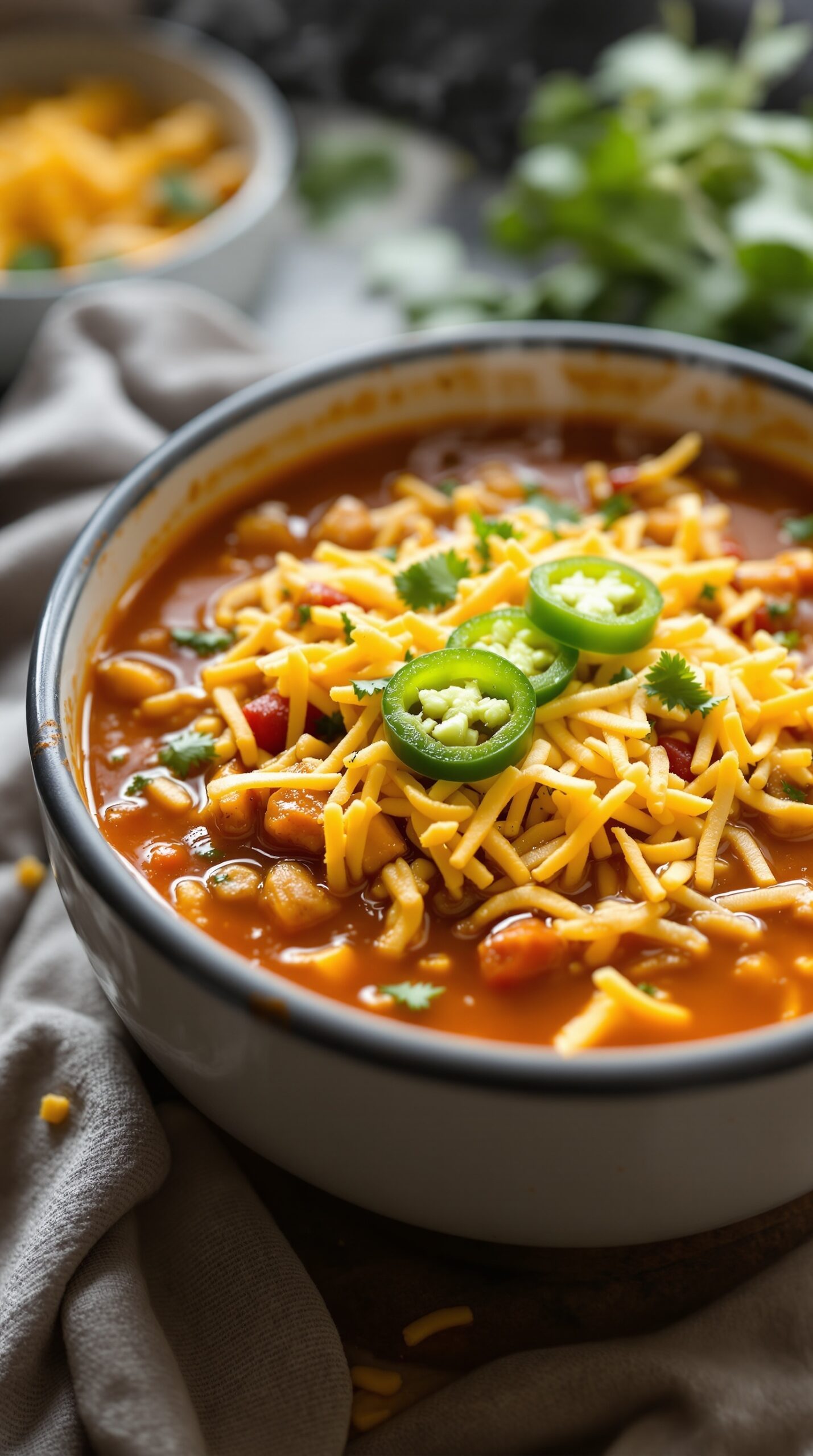 A bowl of spicy chicken taco soup topped with cheese, jalapeños, and cilantro.