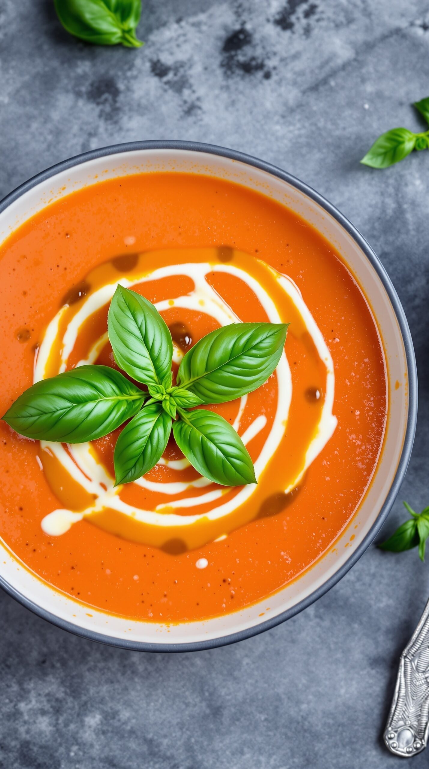 A bowl of creamy tomato basil soup topped with fresh basil leaves and a swirl of cream.