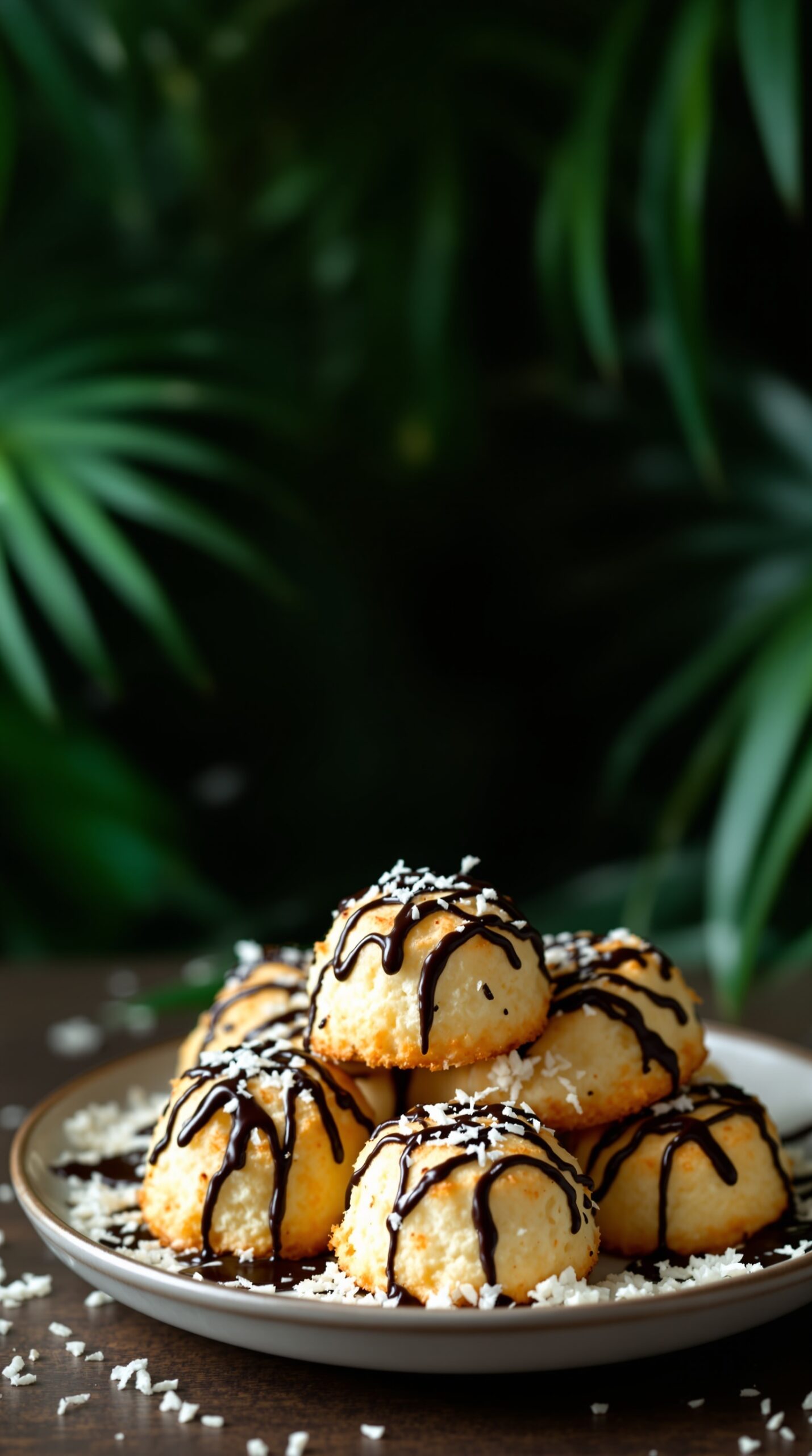A plate of coconut macaroons drizzled with chocolate, surrounded by shredded coconut.