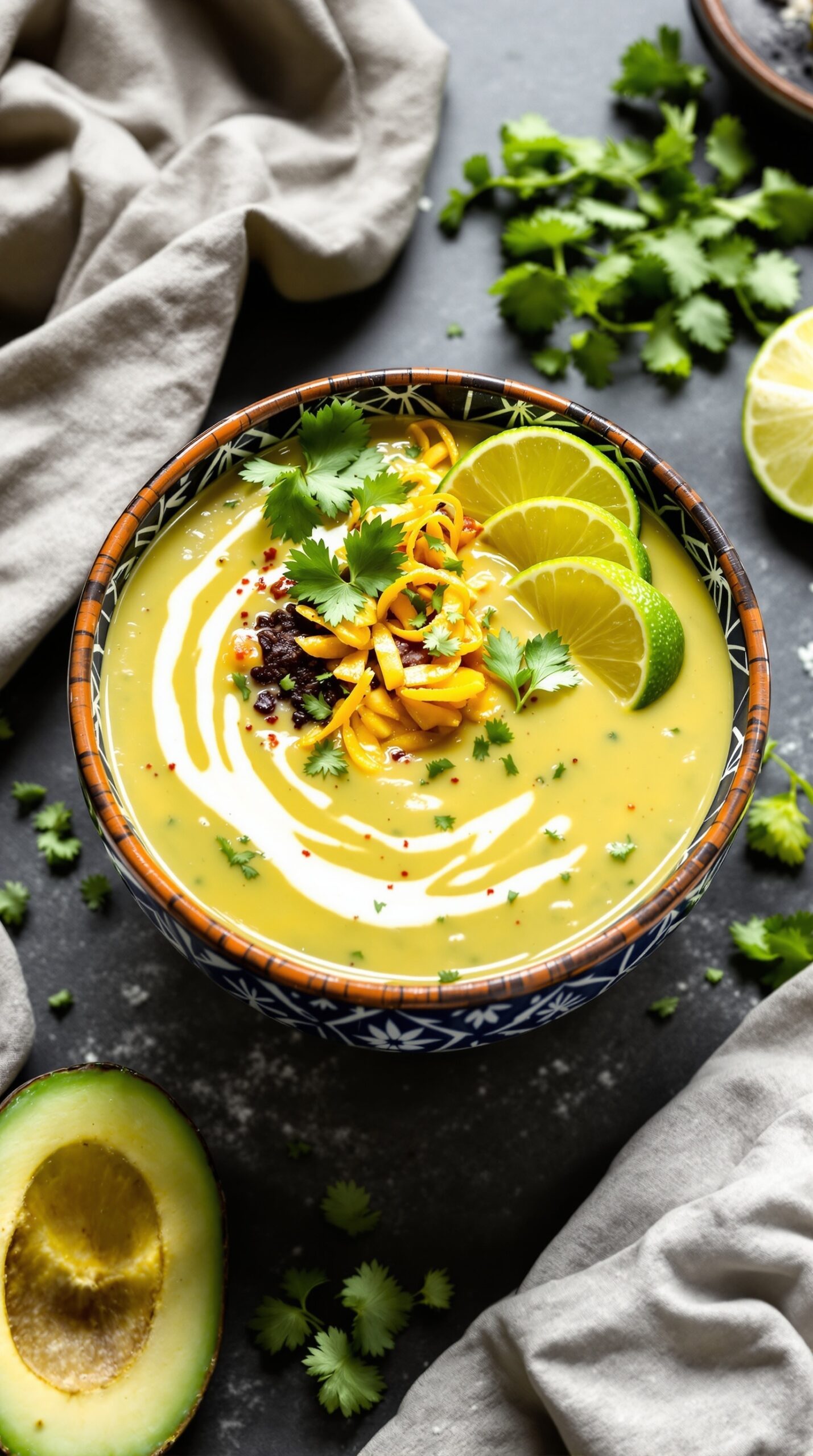 A bowl of creamy avocado lime taco soup garnished with cilantro and lime slices.