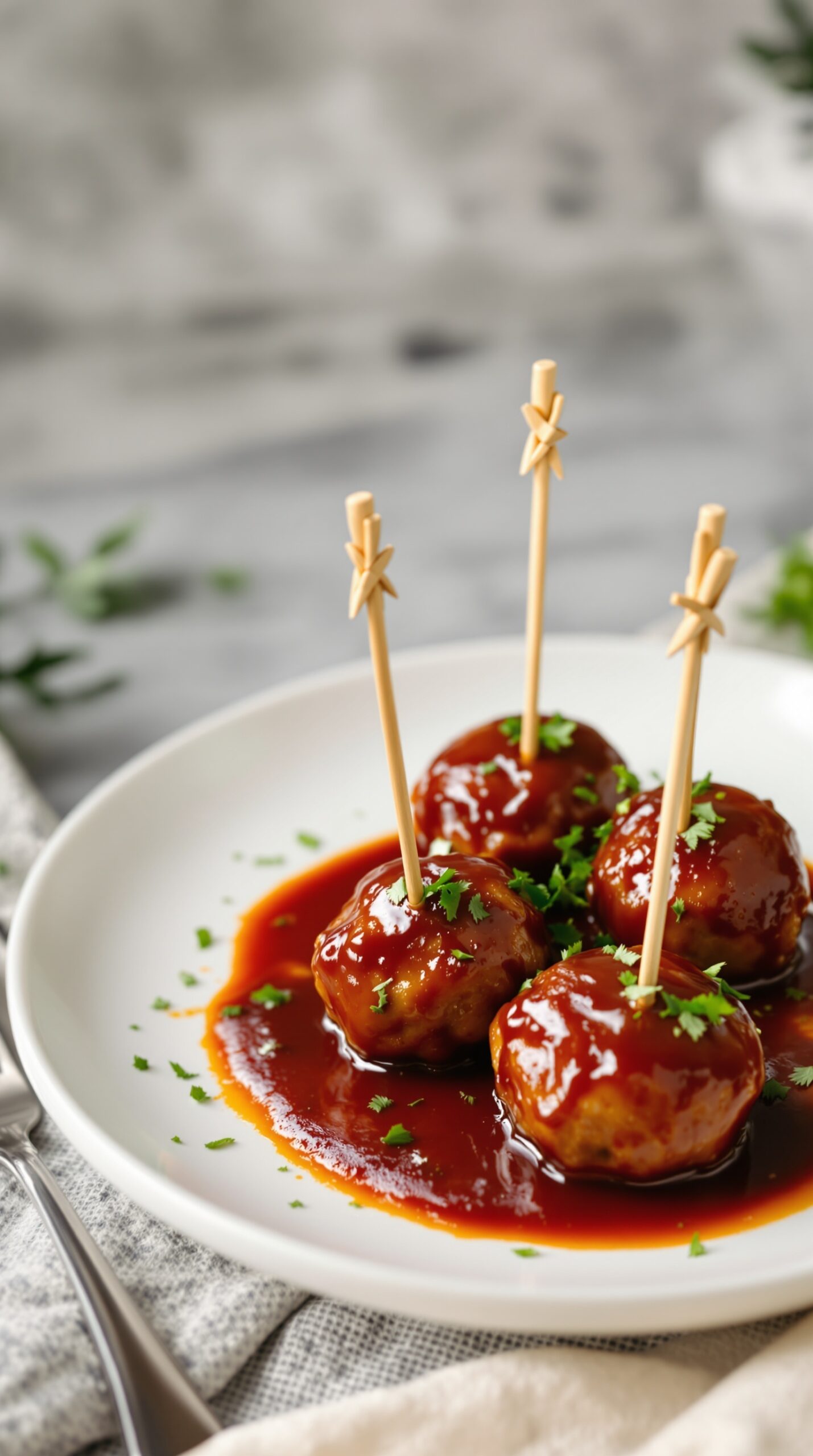 Savory meatballs with dipping sauce on a plate, garnished with parsley