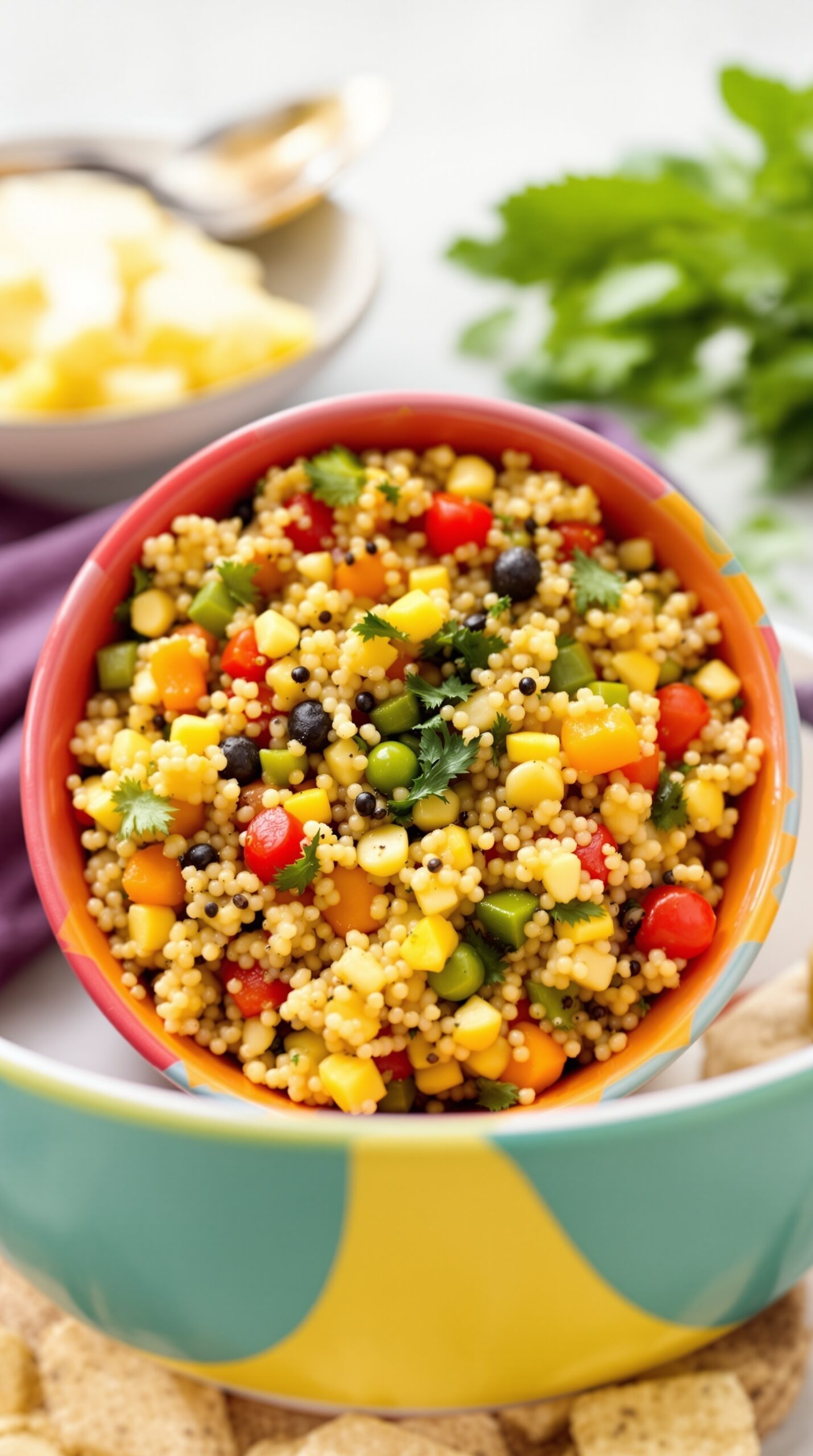 A colorful bowl of vegetarian quinoa stuffing with various vegetables.