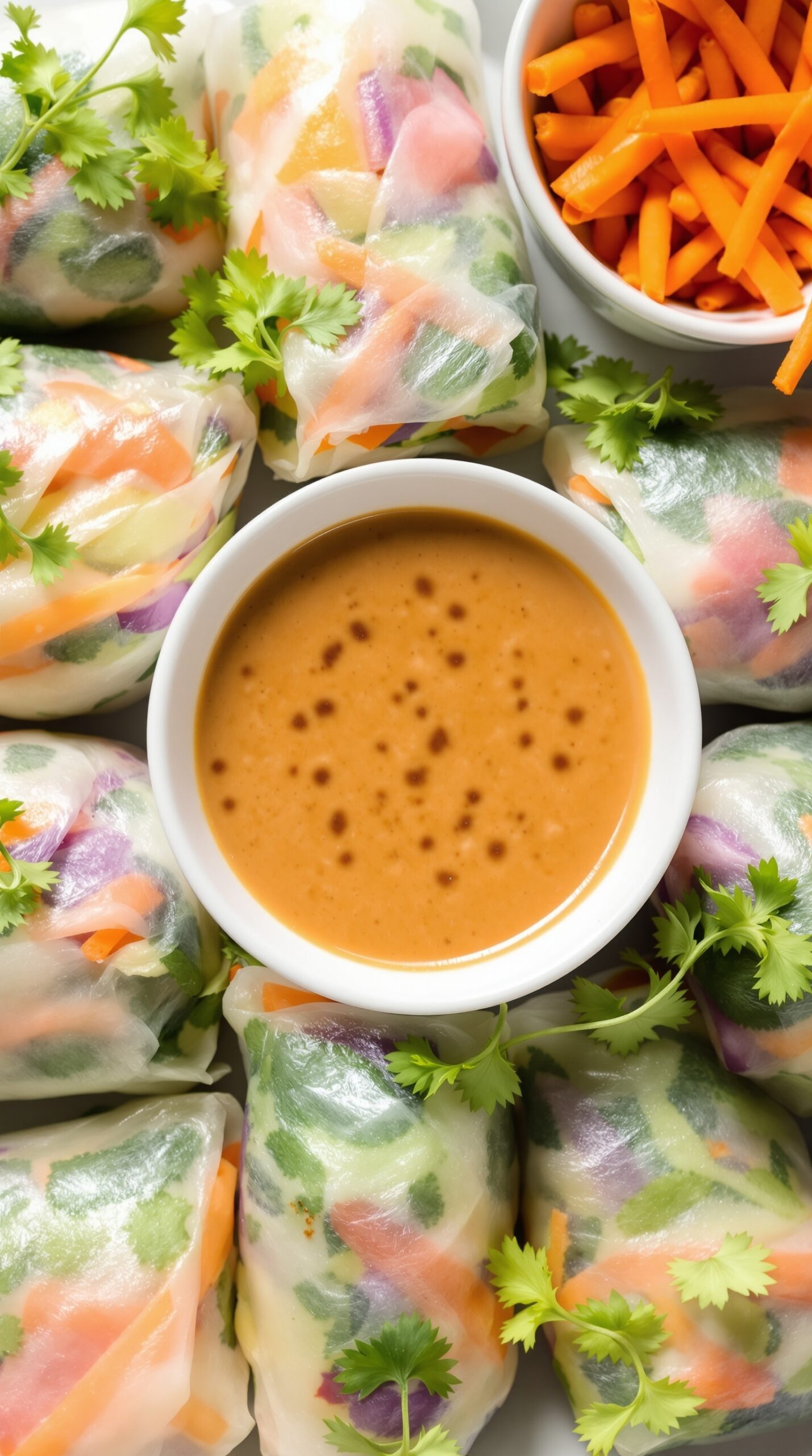A plate of vegetable spring rolls with a bowl of peanut dipping sauce and fresh vegetables.