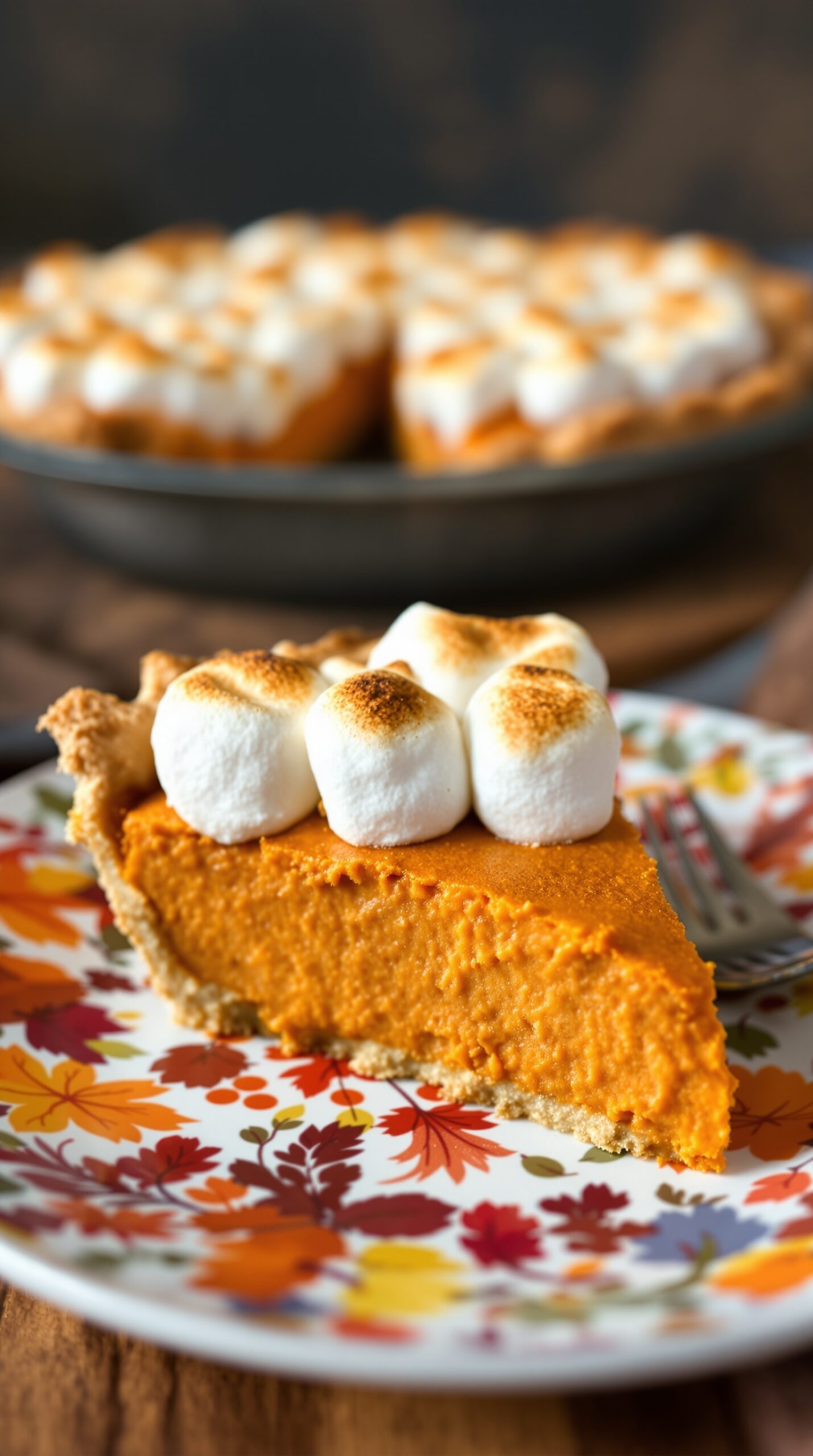 A slice of sweet potato pie with marshmallow topping on a colorful autumn-themed plate.