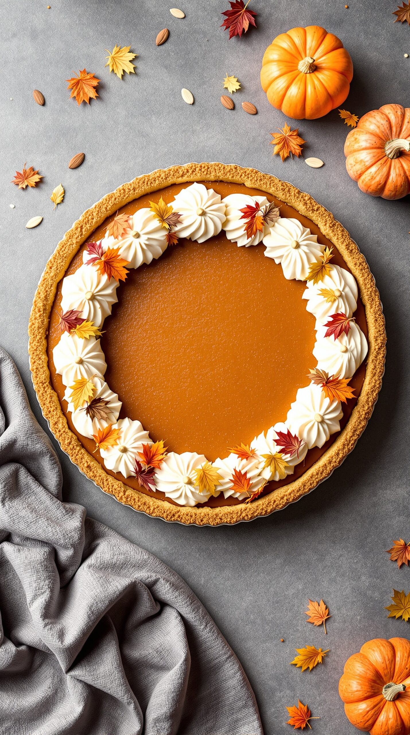 A beautifully decorated gluten-free pumpkin pie with whipped cream and autumn leaves on top, surrounded by small pumpkins and almonds.